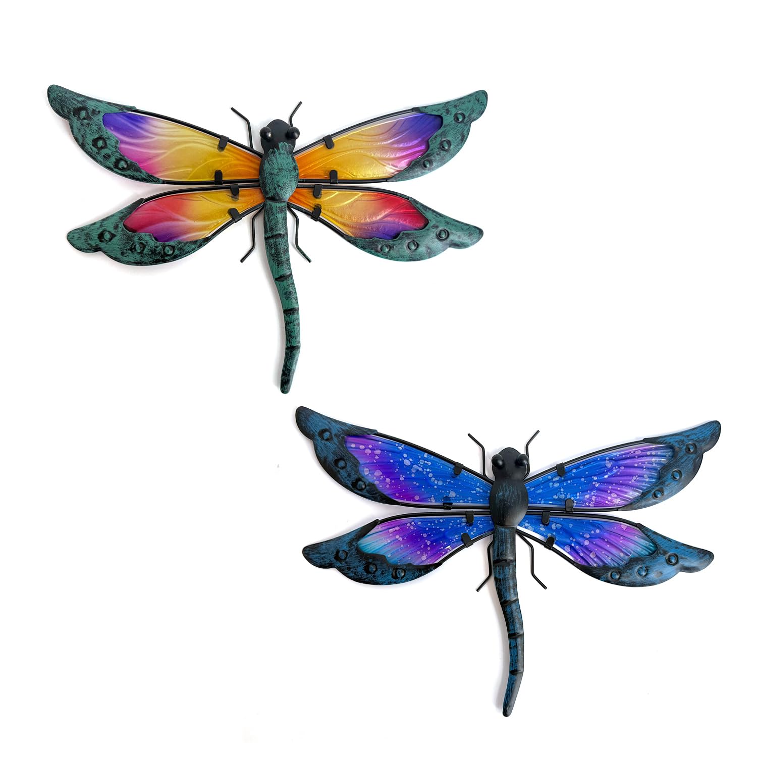 HONGLAND 2 Pcs Metal Dragonfly Decor, Dragonfly Outdoor Wall Decor, Metal Wall Art, Wall Sculptures Gifts Hanging Decorations for Garden Fence Yard Home-Orange&Blue
