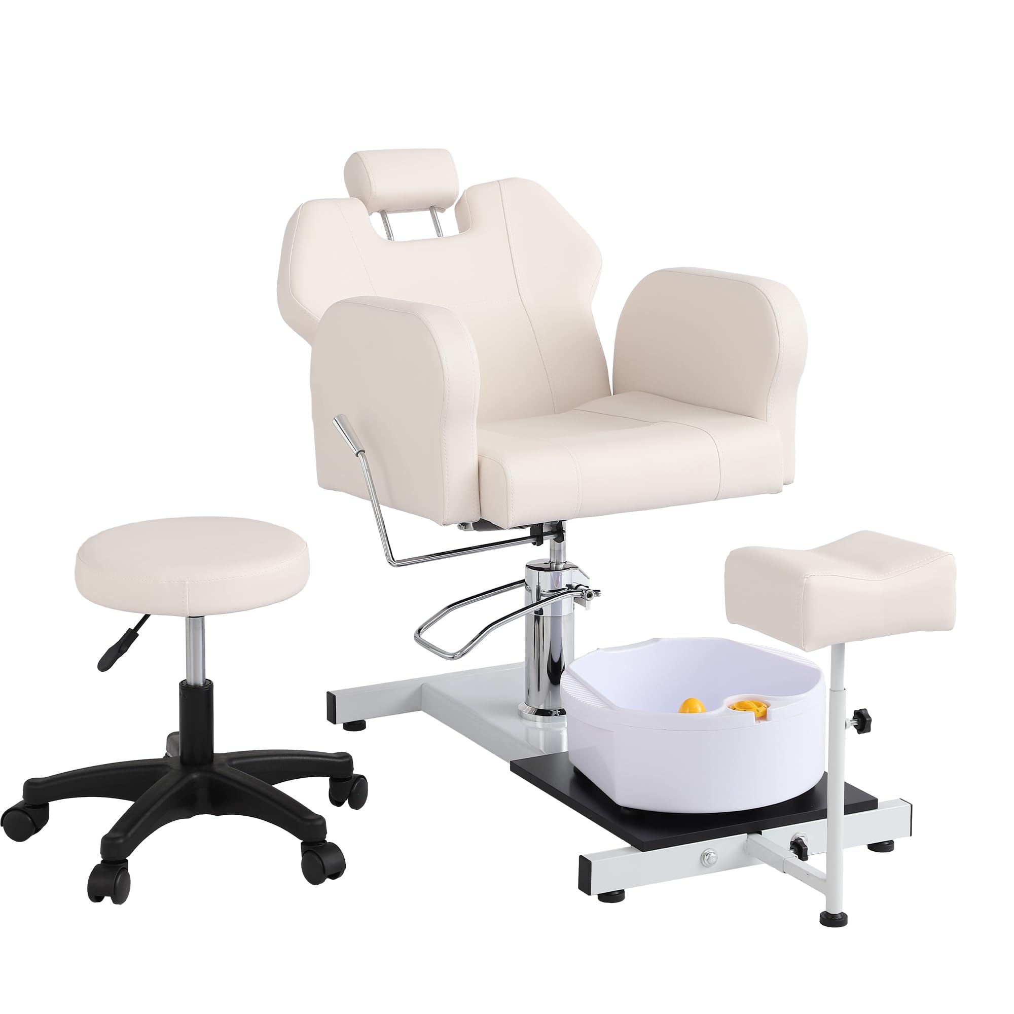 Pedicure Chair, Baber Chair, Hydraulic Pedicure Station No Plumbing, with Foot Basin, Stool, Adjustable Pedicure Manicure Footrest for Nail Tech (White)
