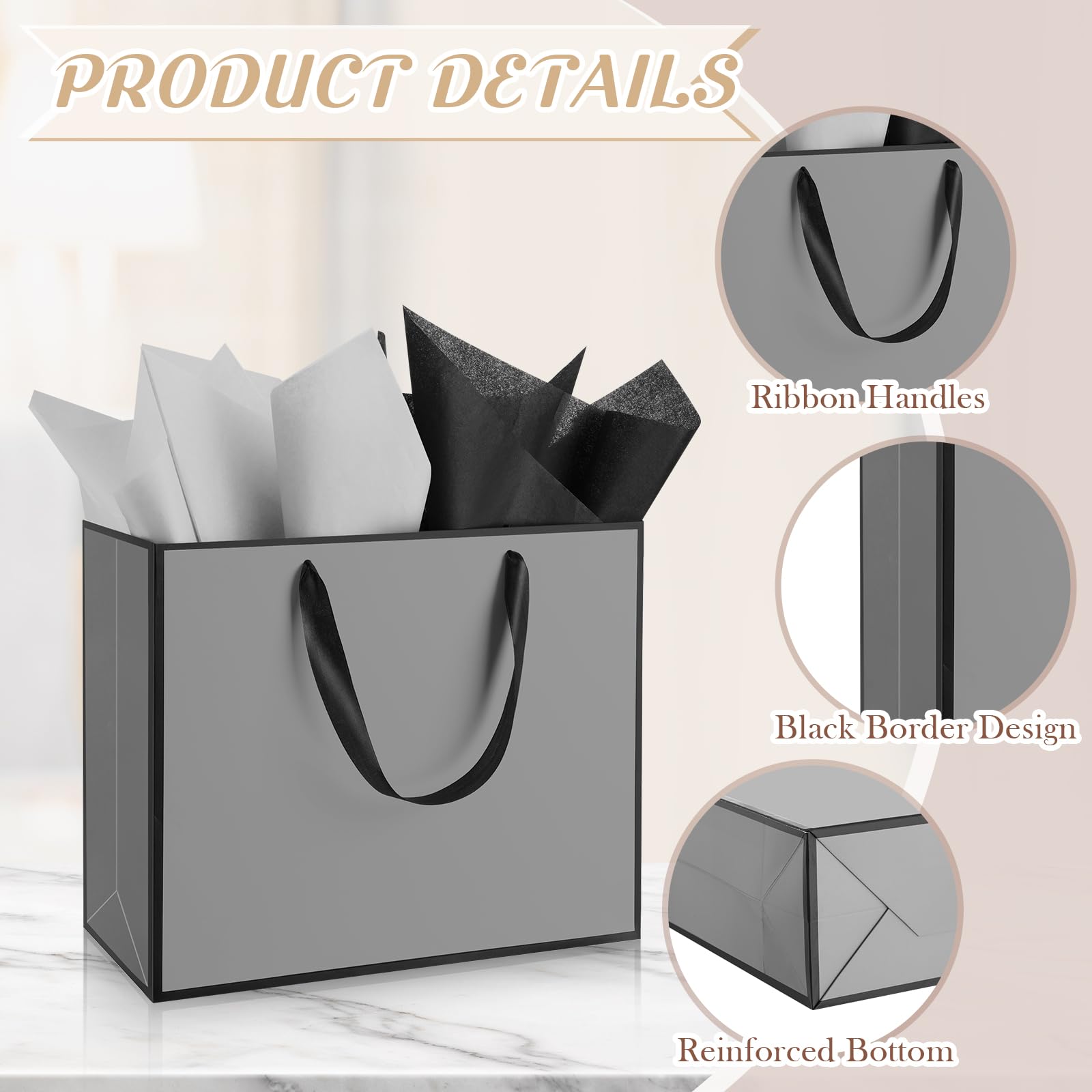 ReliThick 12 Pack Metallic Paper Gift Bag with Handles and Tissue Paper 11.8 x 10 x 4'' Thank You Favor Bag for Graduation Mother's Day Wedding Bridesmaid Groomsman 5 Senses Gifts (Gray,Black)