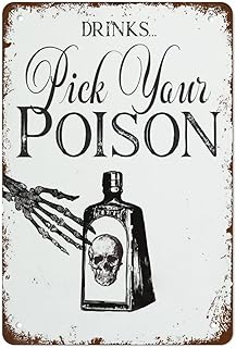 Halloween Sign, Drink's Poison, 12 x 8 Inch Metal Wall Mount Sign, Retro Style, Includes Mounting Hardware