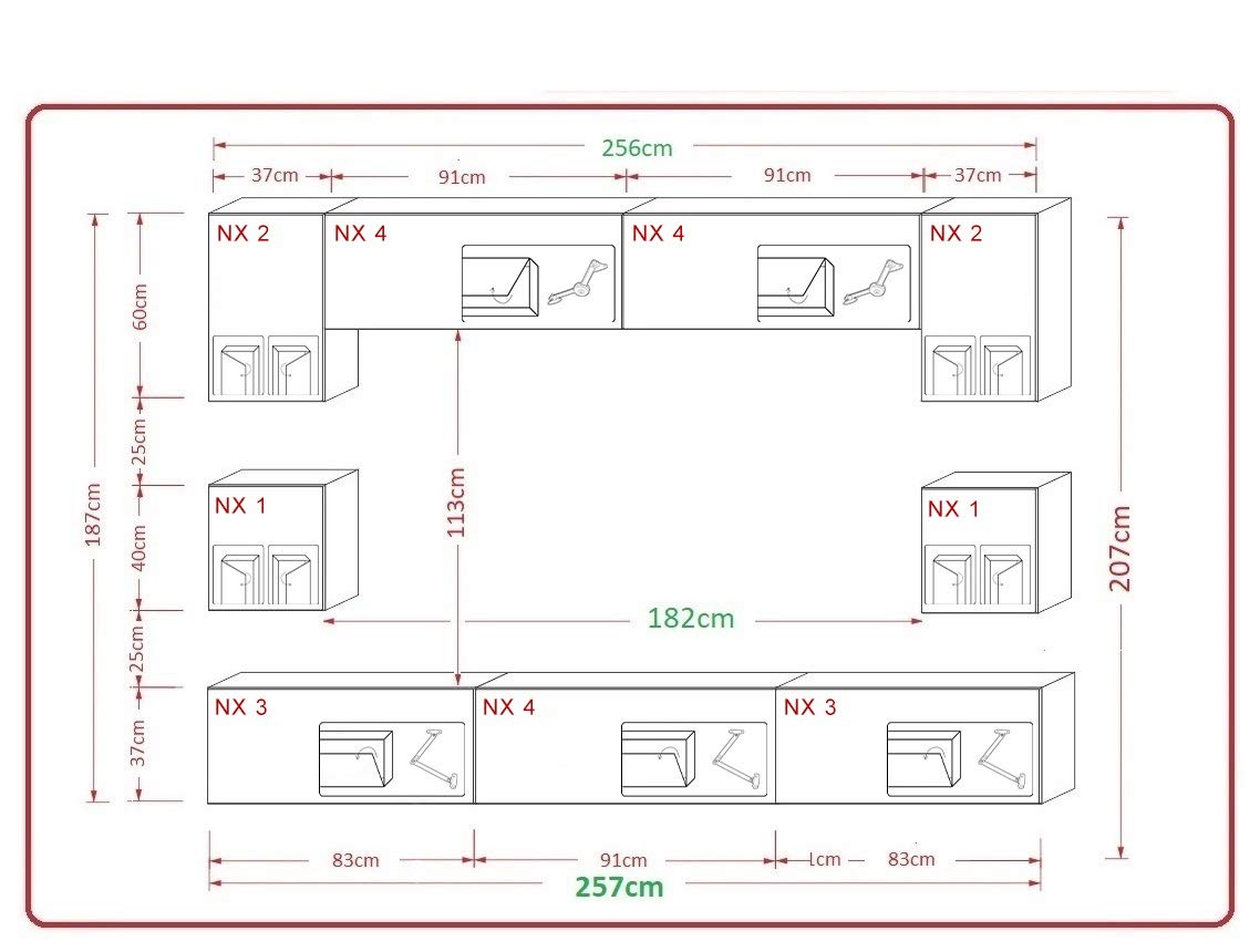FURNITECH NOWARA AN1 meblościanka z oświetleniem LED, kolor biały, AN1-17WS-HGM43 1B)