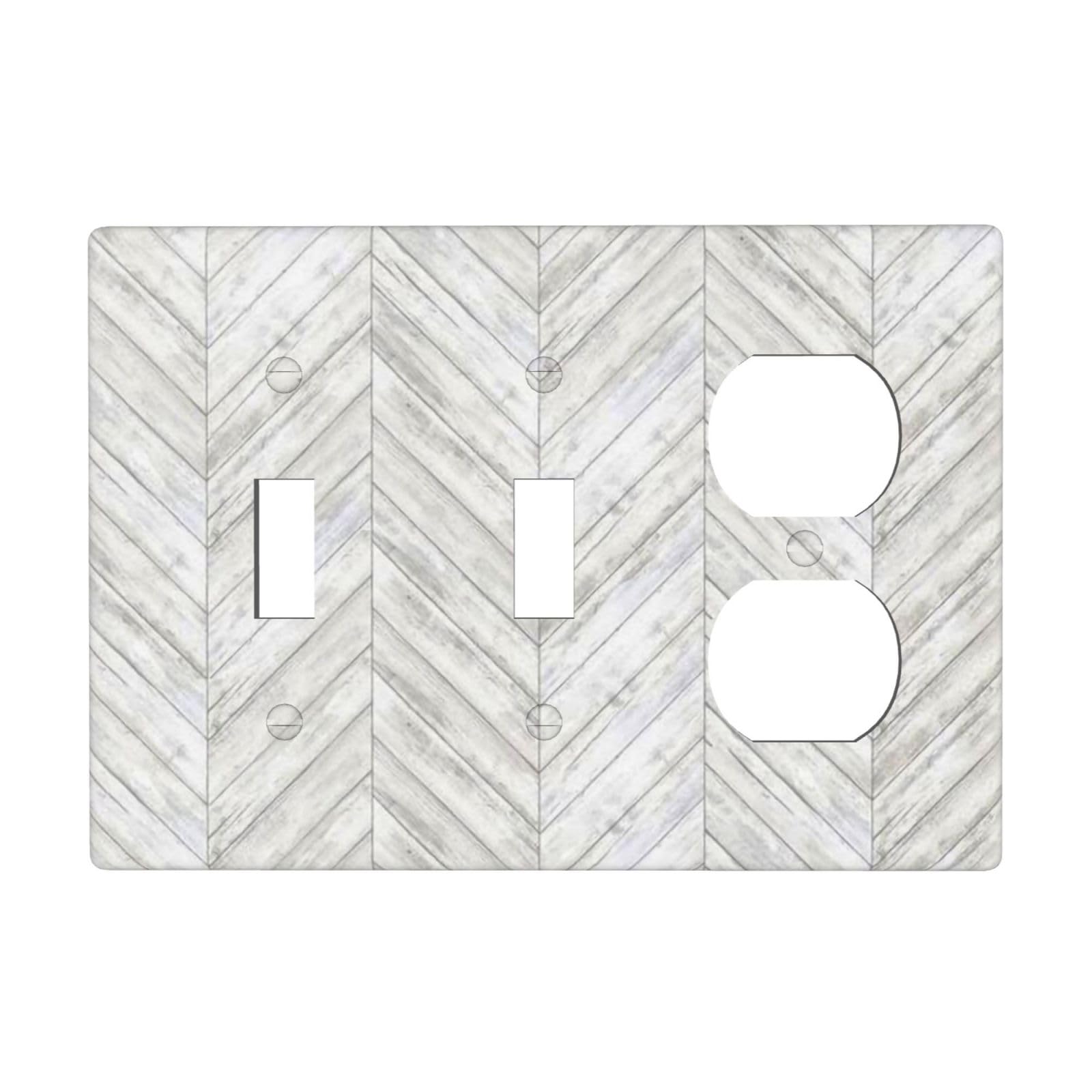 White/Grey Herringbone Wood Wooden 3 Gang Combination 2 Toggle 1 Duplex Receptacle Outlet Covers Light Switch Cover Combo Wallplate Decorative Faceplate