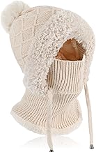 TAGVO Winter Warm Knitted Cap with Neck Warmer for Women, Slouch Ajustable Knit Beanie Hat with Hairball, Winter Woolly Hat with Warm Fleece Linning, Windproof Balaclava Snood Hood Hat for Women