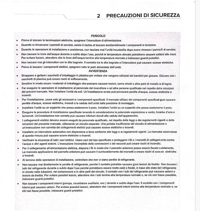 Page from manual detailing safety precautions and warnings