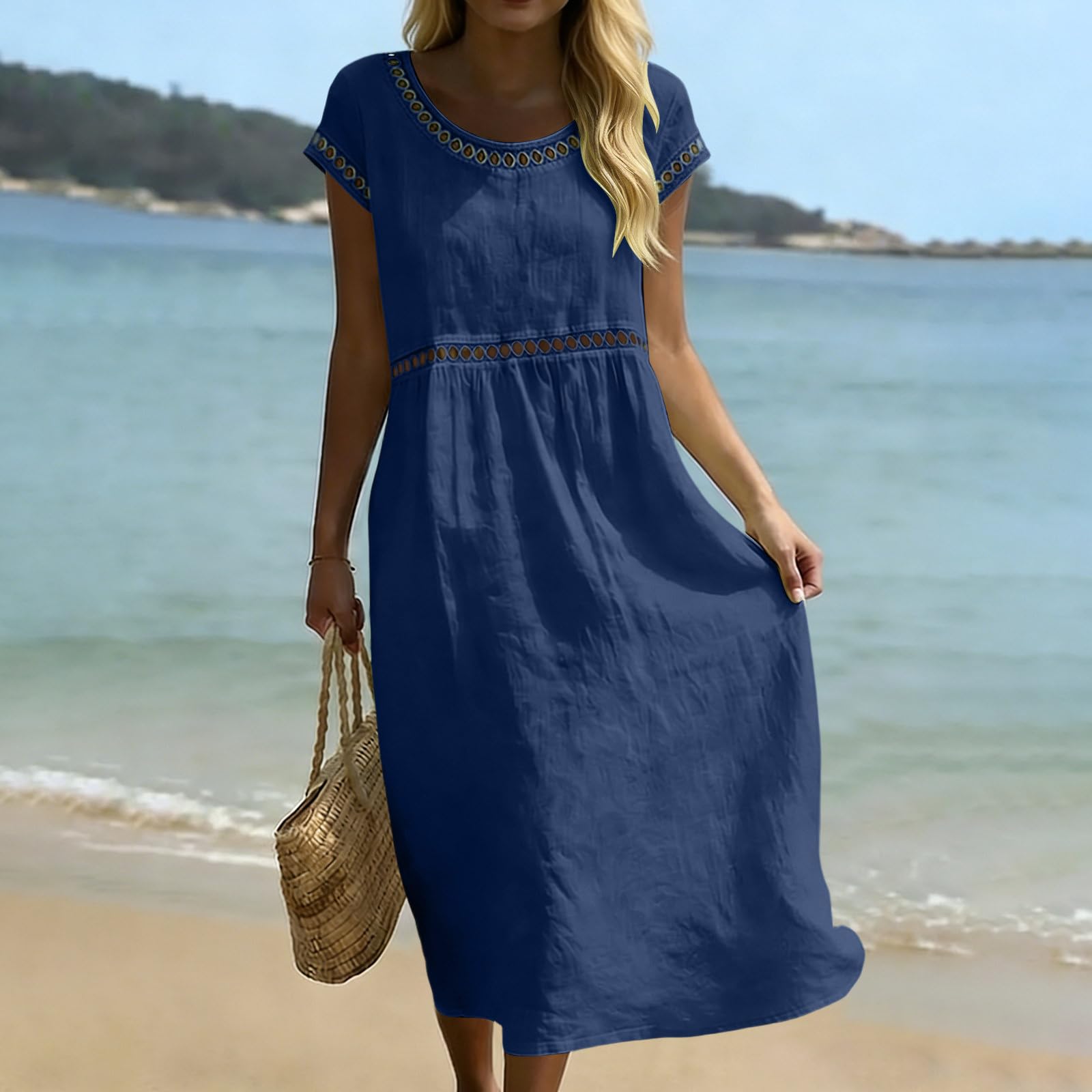 Générique Robe Femme Chic D'Été en Lin Coton Robe Ajourée Respirant Manches Courtes Col Rond Robes Tunique Decontractée Casual Dress Droite Robes de Soiree Plage Confort Léger Dress