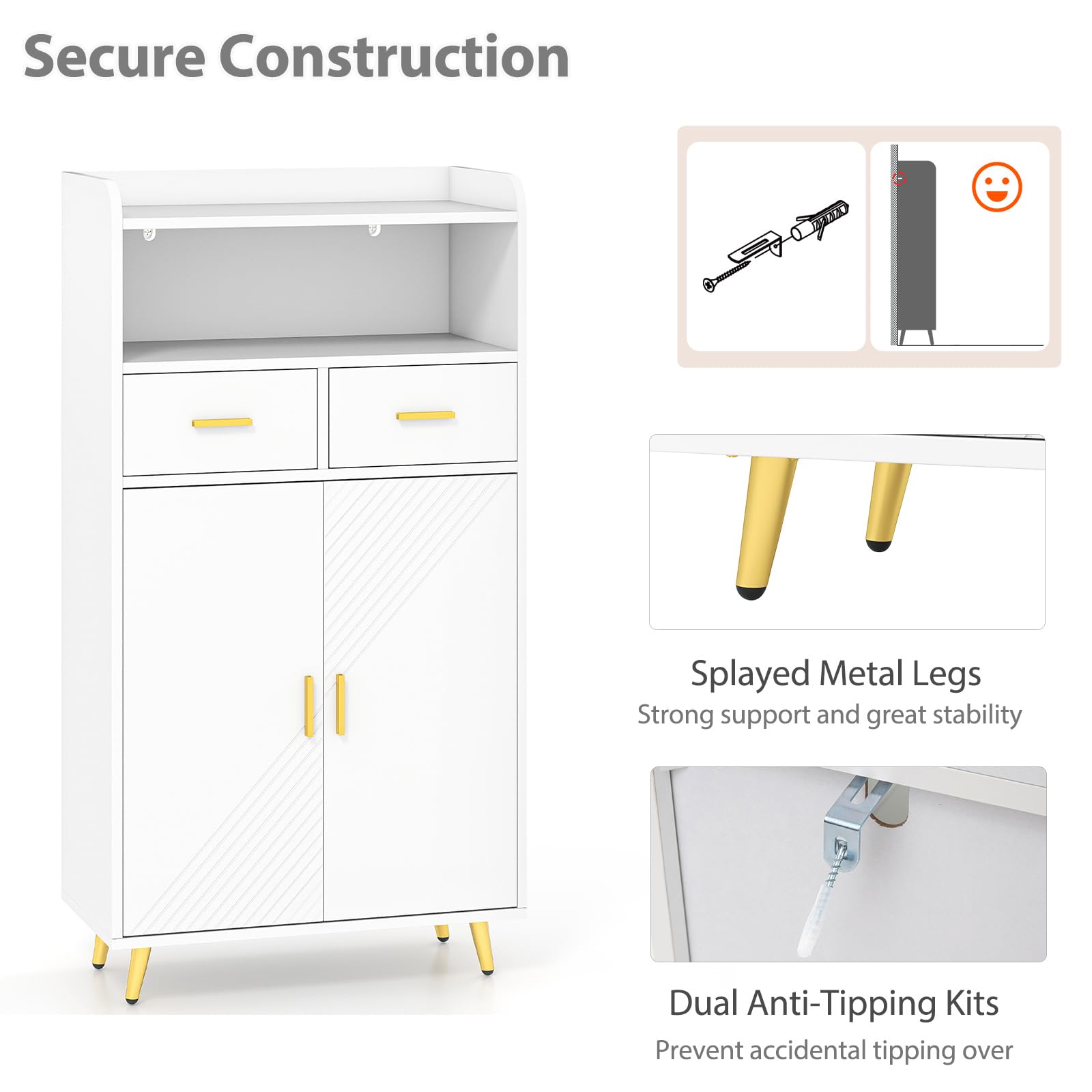 LIFEZEAL Credenza Cucina, Mobile Dispensa, Armadio, Madia, con 2 Ante, Cassetti, Ripiano Regolabile, Scomparto Aperto, Moderno, Salvaspazio, Soggiorno, Sala, Ingresso, in Legno, 60x30x113cm, Bianco