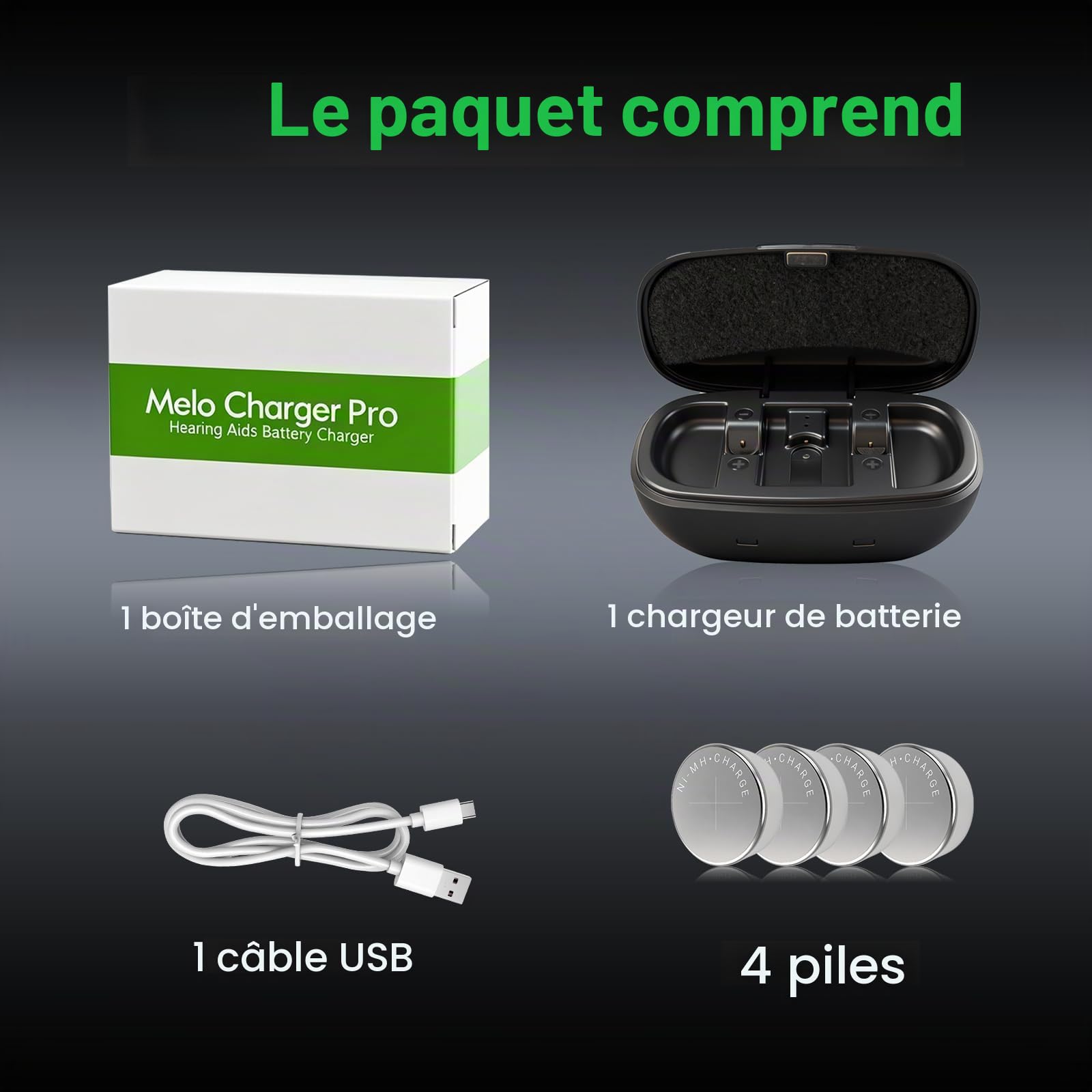 Chargeur pour appareil auditif P13 amélioré et kit de piles rechargeables, lot de 4 piles rechargeables résistantes aux fuites 28 mAh pour appareils auditifs avec chargeur de batterie (4 batteries +