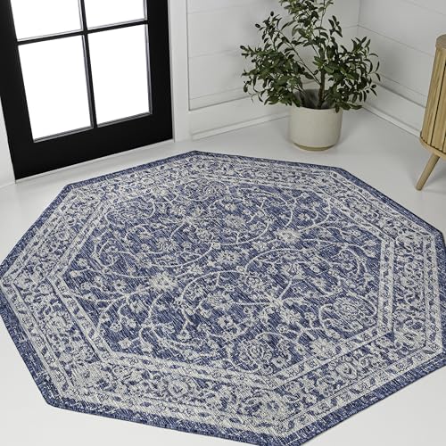 JONATHAN Y SMB103A-5TGN Palazzo Vine and Border Textured Weave Navy/Gray 5' Octagon Indoor/Outdoor Area Rug, Non-Shedding, Stain Resistant, Fade Resistant, Easy-Cleaning for Backyard Patio, Porch