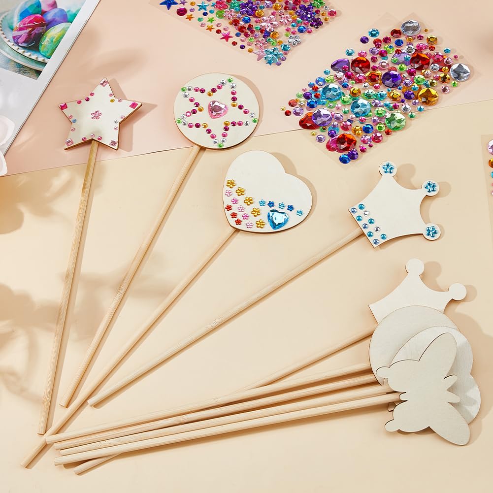 SUPERFINDINGS Princess Fairy Wands Kit Include 24Pcs 6 Styles Wooden Fairy Wands and 6 Gem Stickers Unfinished Wooden DIY Magical Crafts Princess Art Magical Show for Party Supplies - Image 4
