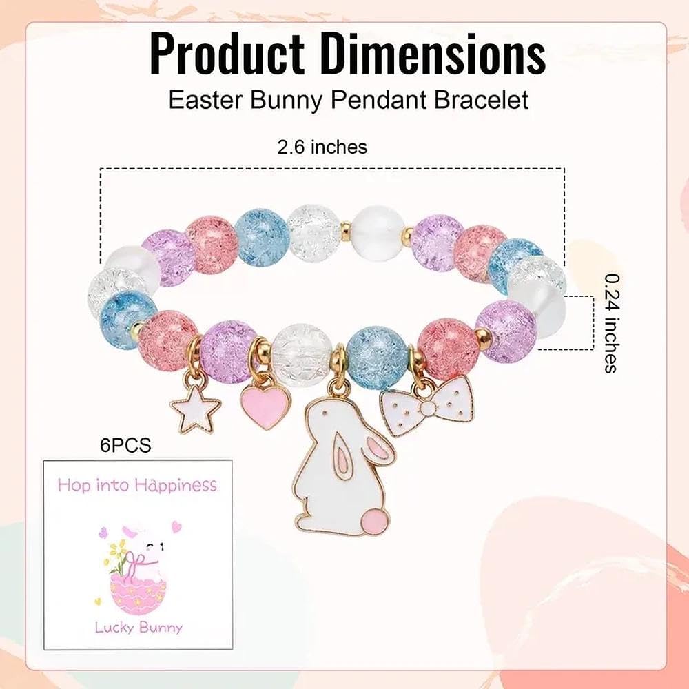 6PCS Easter Bracelets Easter Basket Stuffers Colorful Beaded Stretch Bracelet with Lucky Bunny Charm Spring Holiday Gifts for Women Party Favors Celebration Accessories