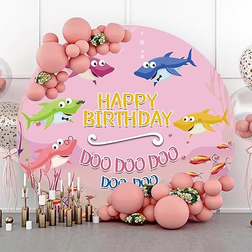 Miniatura 2 de Renaiss Fundas de fondo redondas de 7.2 x 7.2 pies para sesión de fotos, retratos de niños, tiburones coloridos, peces, Doo Doo Doo, círculo rosa,