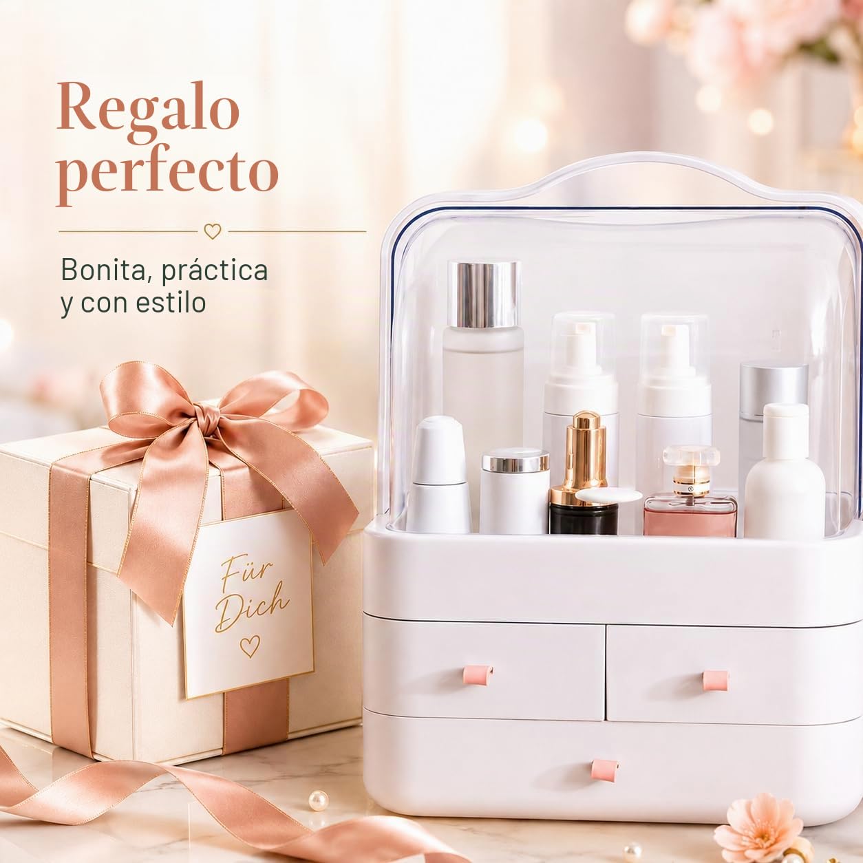 RMAN® Organizador de Maquillaje con Cajones y Tapa Transparente, Rosa | Giratoria 180º, Portátil con Asa de Transporte, Para Cosméticos y Perfumes, Para Tocador, Baño, Dormitorio