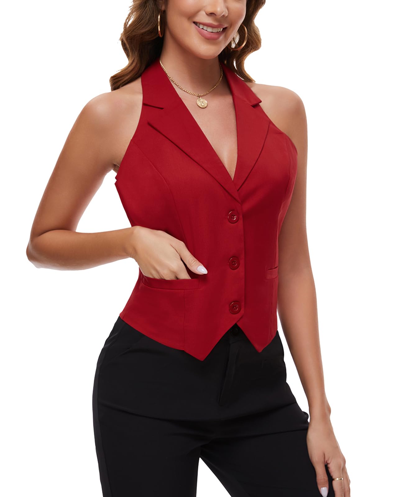 Chaleco corto para mujer, con 3 botones, cuello halter, solapa con muesca, chaleco formal de esmoquin, bolsillos soldados, chaleco de oficina