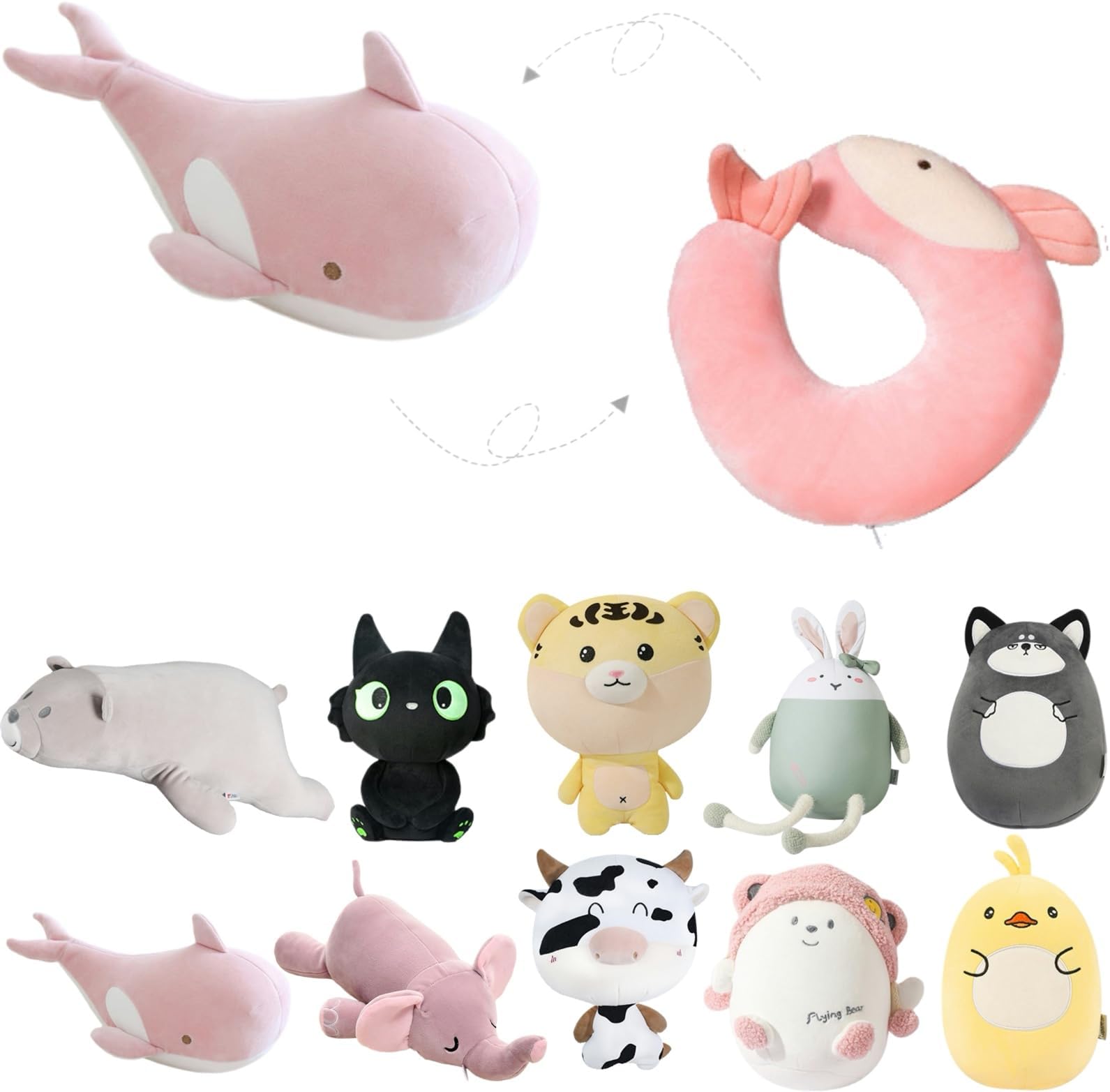 mergekoMergeko Kids Travel Pillow - 2-in-1 Deformable Kids Neck Pillow for Traveling, Soft U-Shaped Pillow with Adorable Animal Design, Comfy Sleep and Play, Ideal for Airplanes and Traveling (Pink Whale)