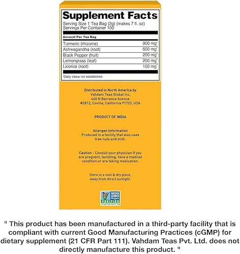 Miniatura 9 de VAHDAM - Té de hierbas con cúrcuma y ashwagandha (100 bolsitas), sin cafeína, sin OMG, sin gluten, infusión 100 % pura, dulce y terrosa, bolsa