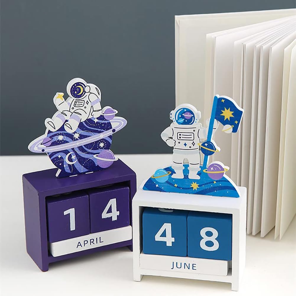 Calendario da tavolo in legno, design perpetuo astronauta con blocchi di data e mese, decorazione pratica per casa e ufficio per un uso duraturo, ecologico e riutilizzabile per anni
