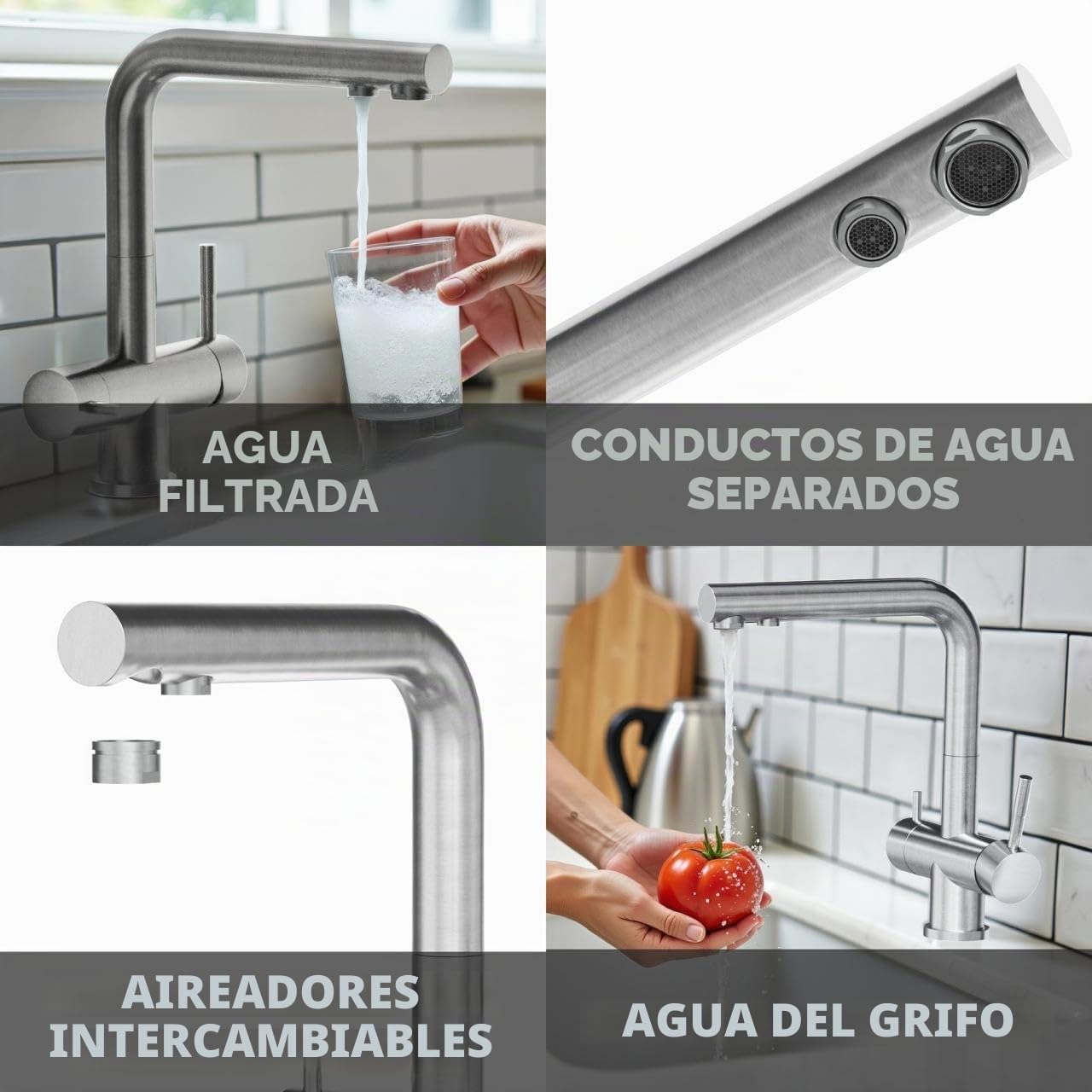 Neues Wasser Group Louis Inox Grifo para fregadero de cocina giratorio 360°, grifo de acero inoxidable 304, sistema de filtro de agua por ósmosis inversa de 3 vías cepillado mate