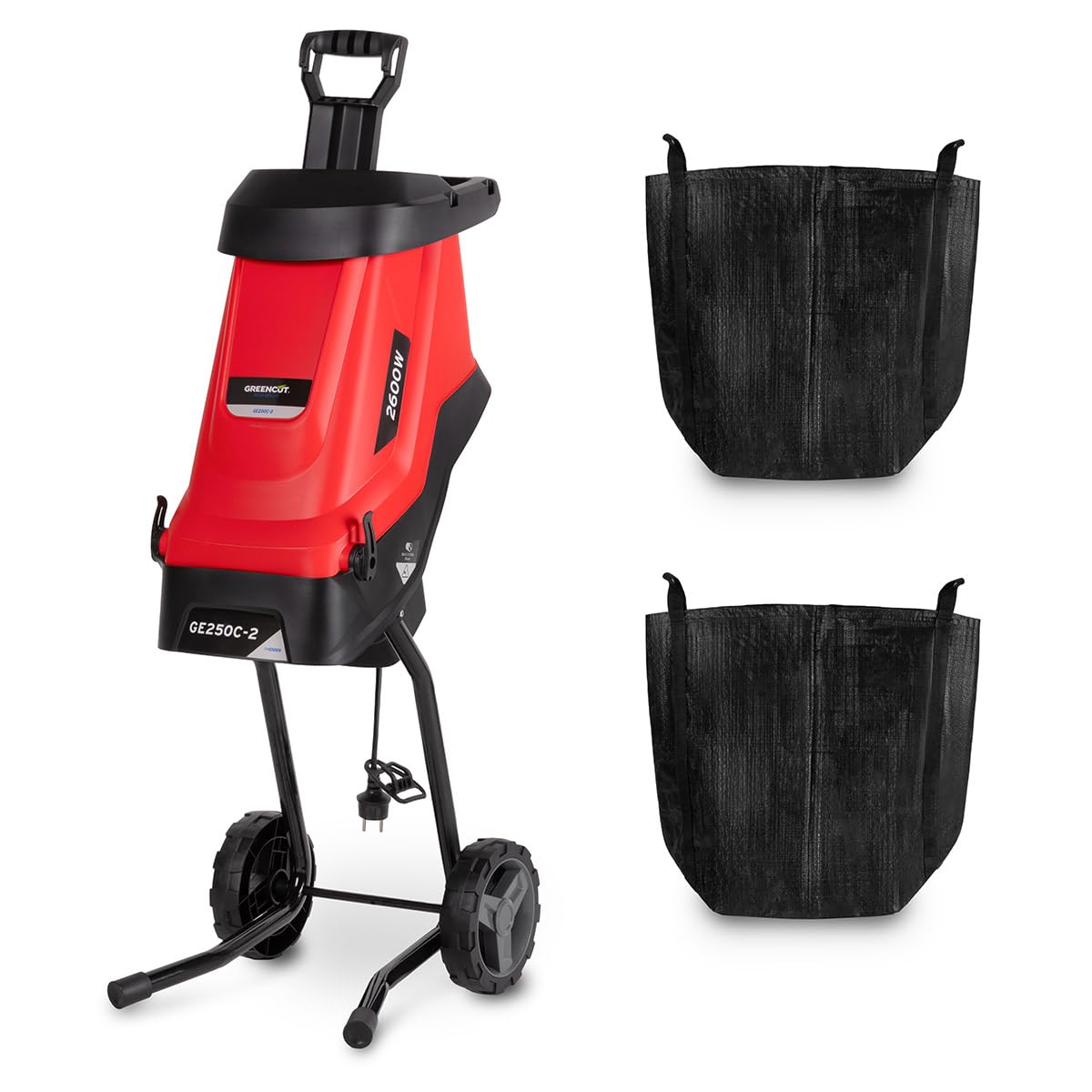 GREENCUT GE250C-2 - Biotrituradora eléctrica, Potencia 2600W, Capacidad de Corte 45mm, tolva de Gran tamaño, 2 Bolsas de Recogida de 45l, Ruedas y asa para Transporte, Rojo