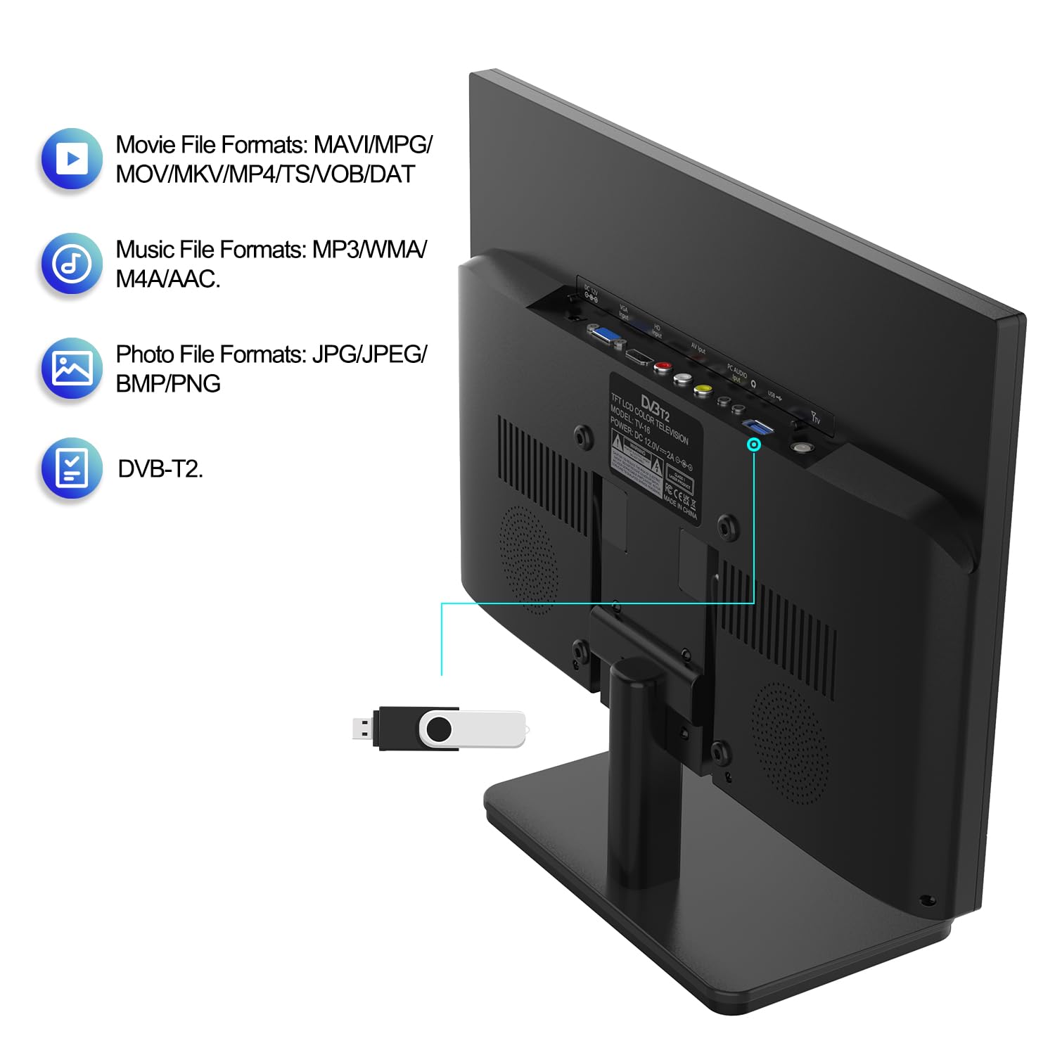 KCR 15,6 Pouces IPS 1080P Freeview Cable TV, HDTV DVB-T2 Tuner, entrée AV, HDMI/VGA PC Monitor, USB Slot, Remote Control, Car (12 Volt) Or Mains Power