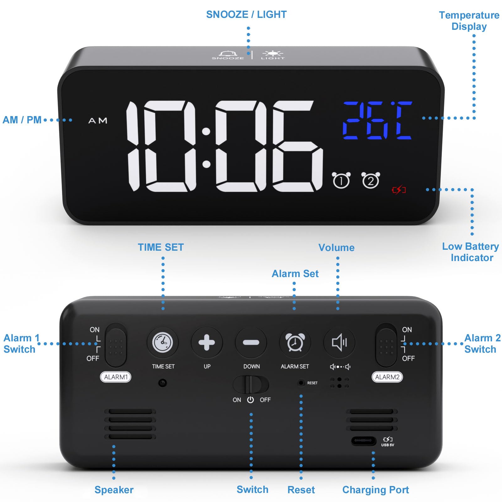 CHEREEKI Sveglia digitale, sveglia digitale con sveglia, doppio allarme digitale con temperatura, 4 luminosità regolabile, funzione snooze, porta di ricarica USB, 12/24 ore, 13 musica (nero)