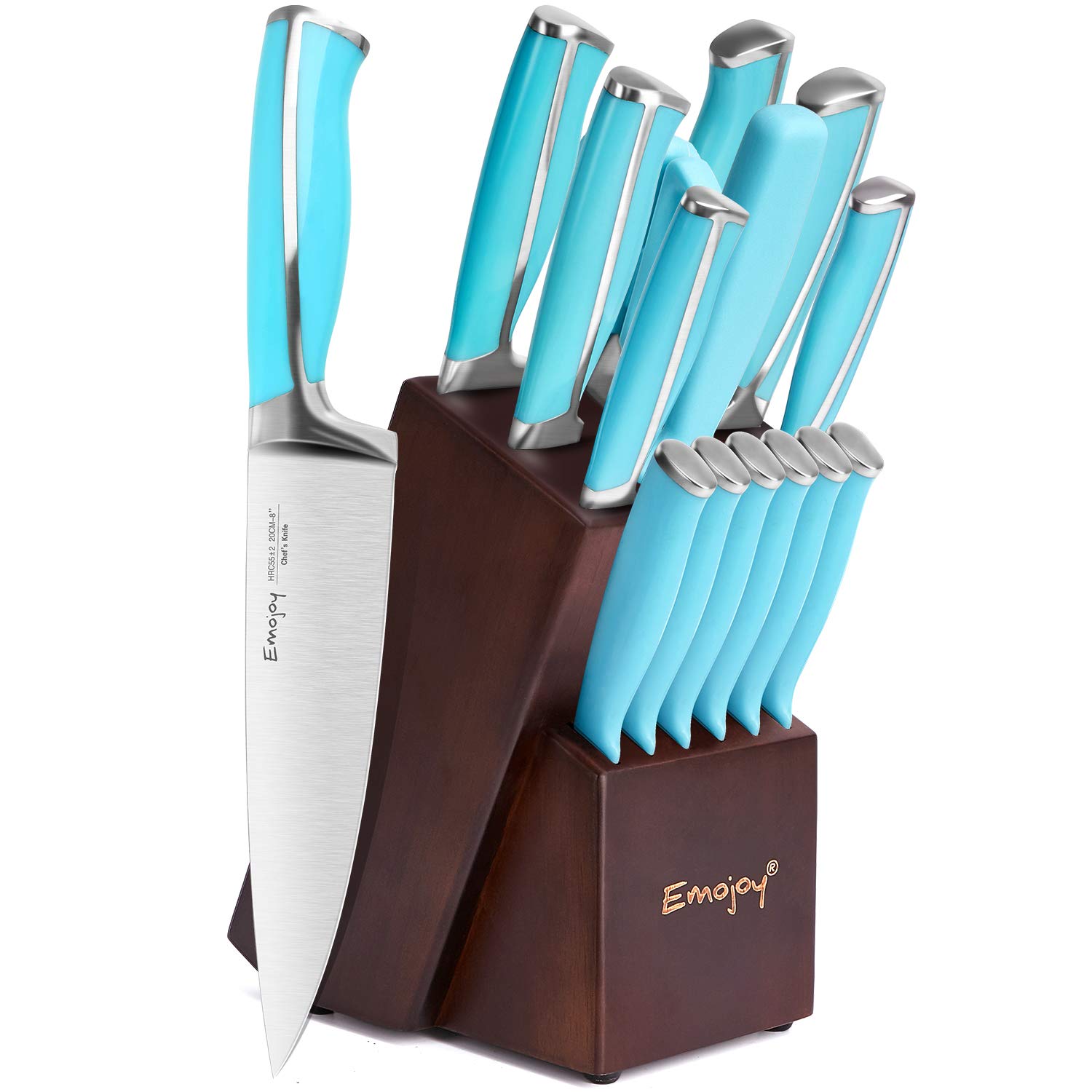 EmojoyKnife Set, 15 Piece Kitchen Knife Set with Block Wooden, German Stainless Steel Sharp Chef Knife Set with Sharpener, dishwasher safe and rust proof, Blue
