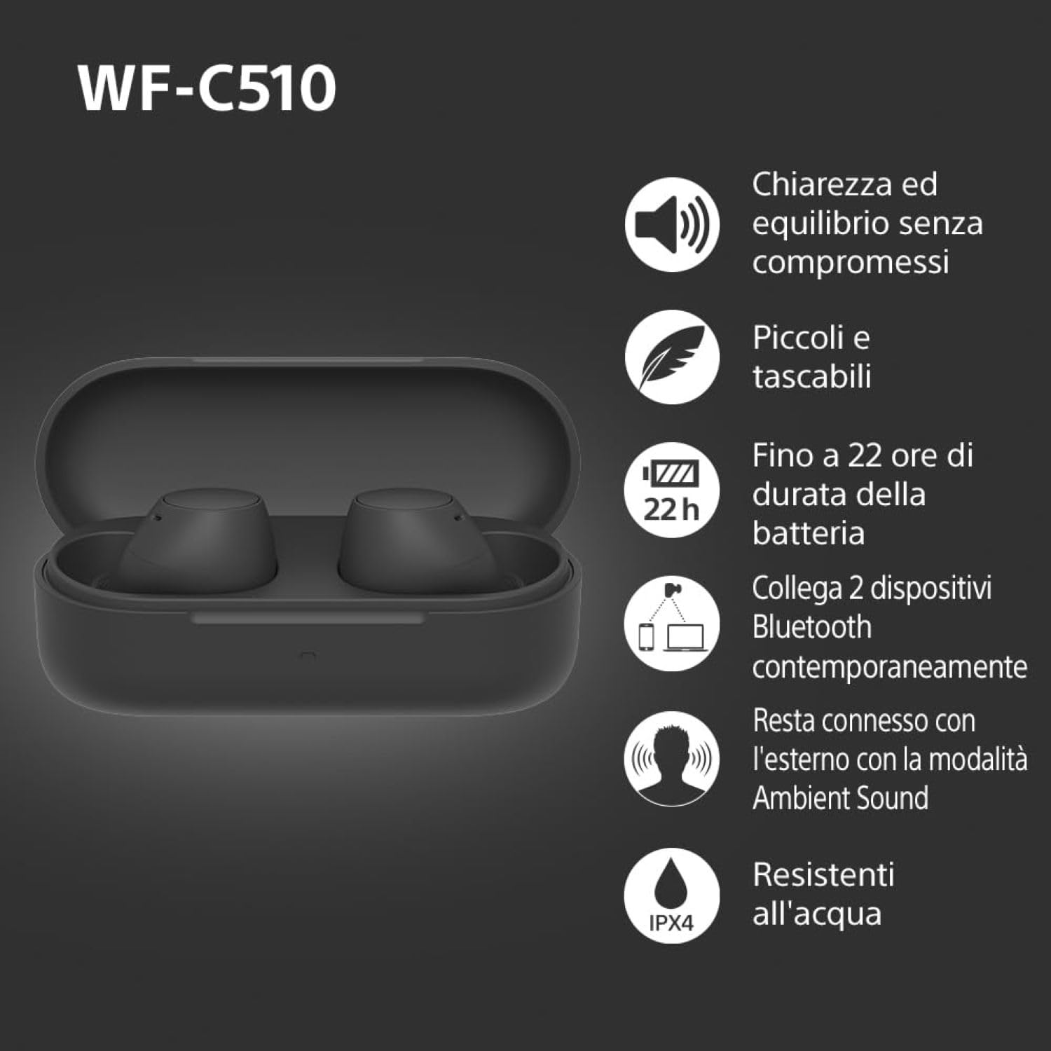 Sony WFC510 True Wireless Cuffie Bluetooth Multipoint IPX4 Spotify Tap Ricarica Rapida 22h Nero