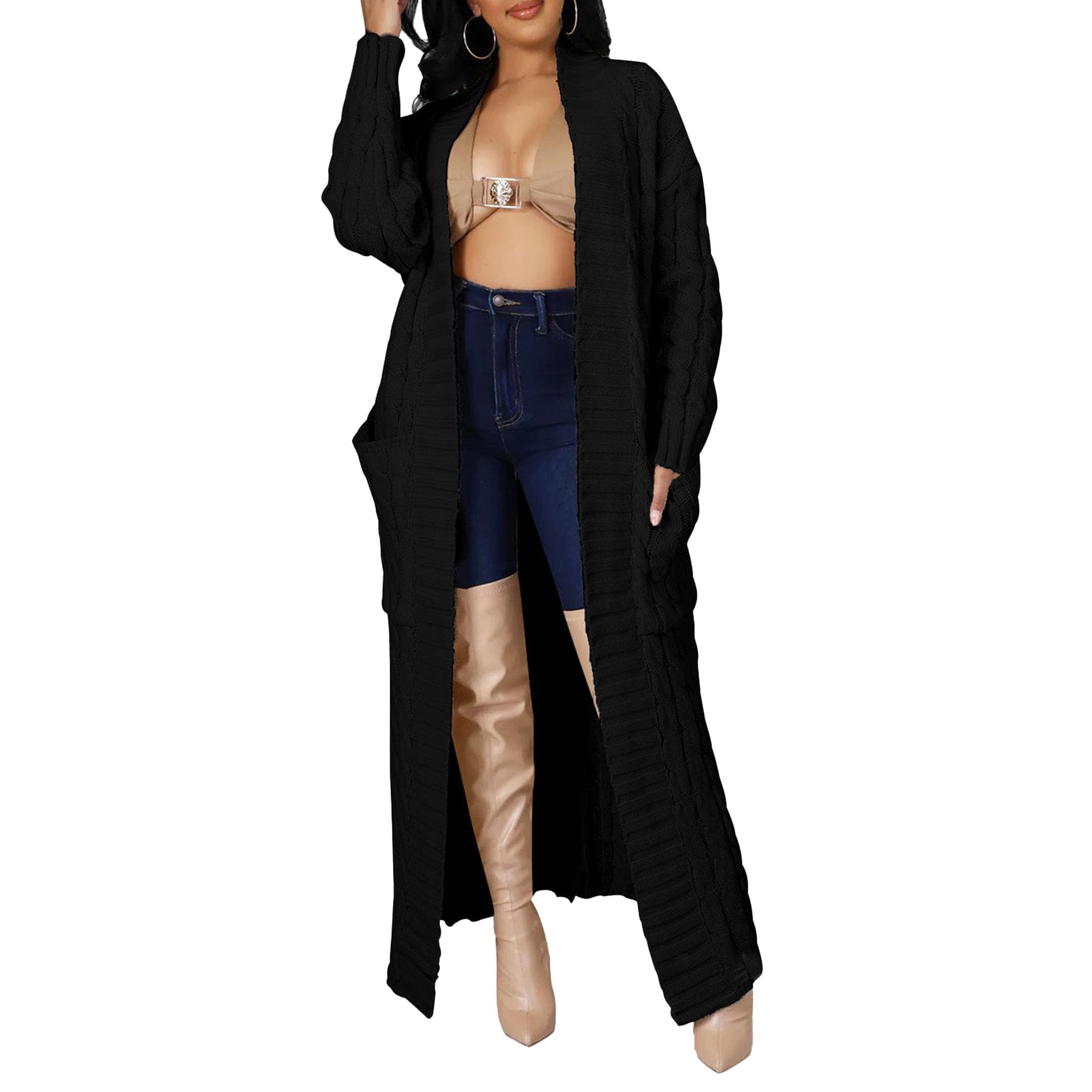 Women Long Sleeve Cable Knit Long Cardigan 2024 Fall Winter Chunky Open Front Sweaters Long Outwear with Pockets (Medium,Black)