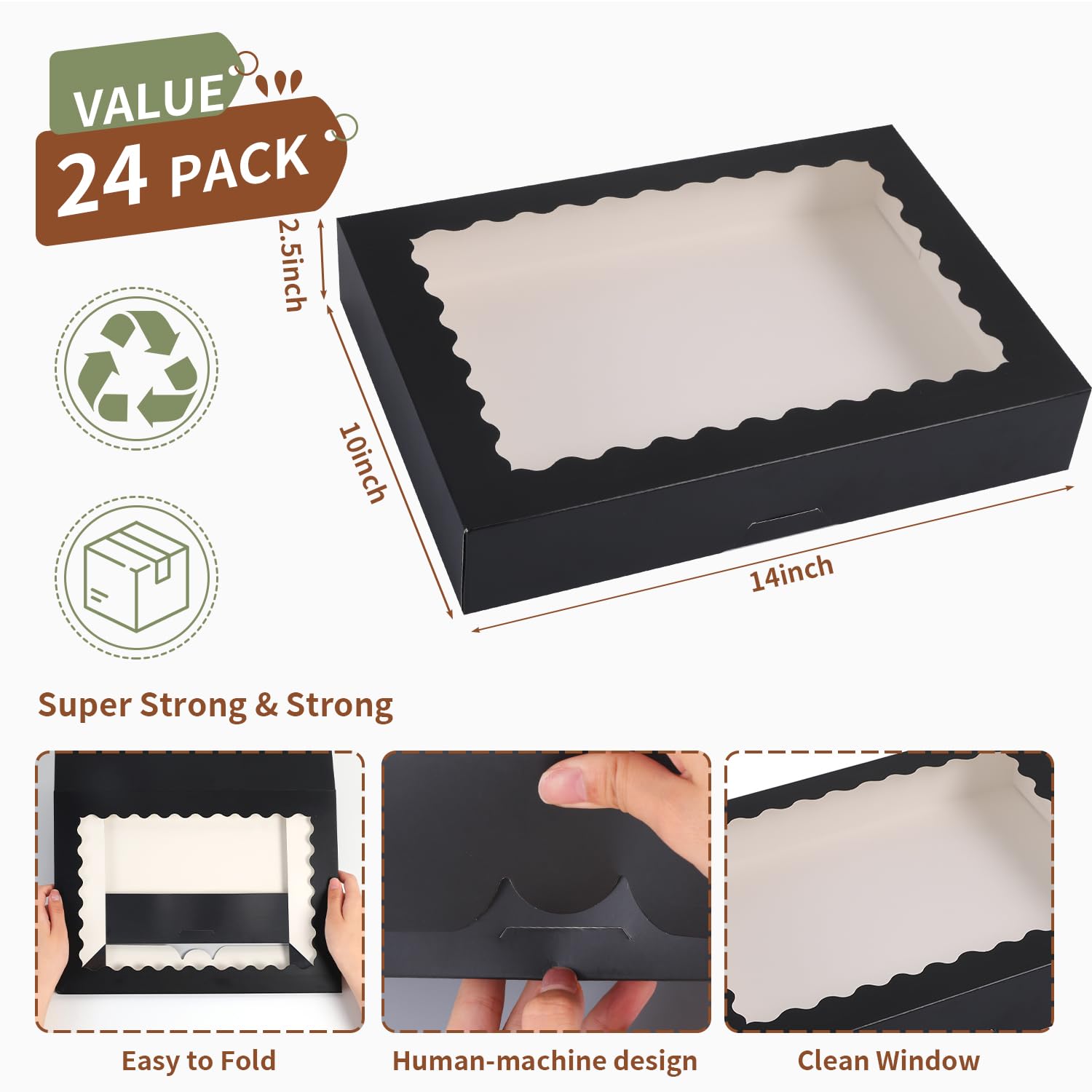 24 cajas de galletas, cajas grandes de panadería de 14 x 10 x 2.5 pulgadas con ventana para pasteles, chocolate, fresas, magdalenas, donas, pasteles, postres, Navidad (negro)