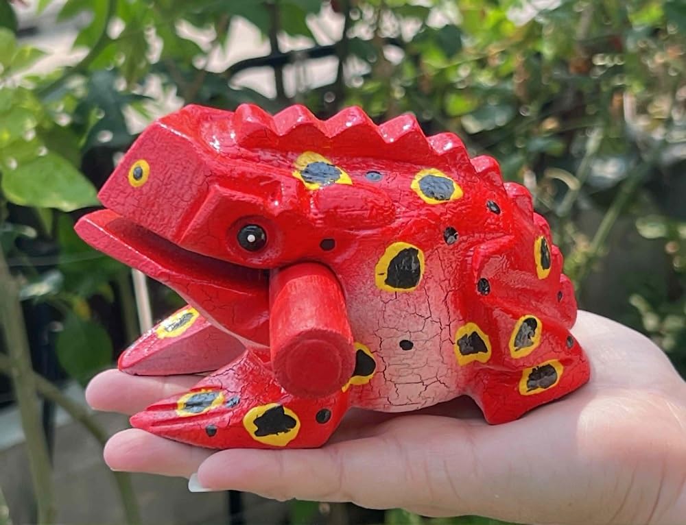 Dunkelbraunes Holz-Frosch-Guiro-Instrument – handgefertigtes thailändisches Schlaginstrument, Schaber für Musikerziehung und Heimdekoration (große Größe 15,2 cm, Rot)
