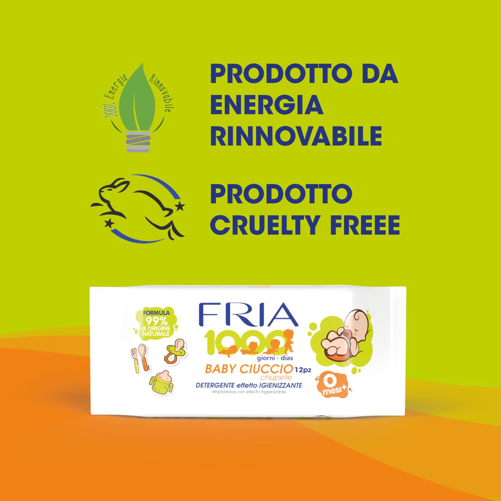 Fria Baby Ciuccio Salviette Pulisci Ciuccio Biberon Tettarelle Azione Igienizzante 99% Origine Naturale Confezione Borsa 12 Salviette