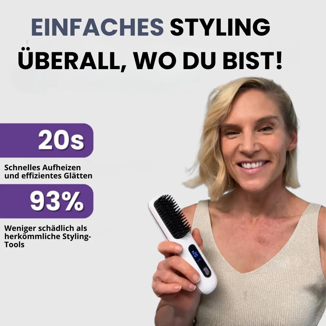 EverHaar Tragbare Glättungsbürste – Kabellose Mini Tragbare Wiederaufladbare Haarglätter Bürste mit 160-200℃ 3 - Ebenen Einstellbarer Temperatur für Reise