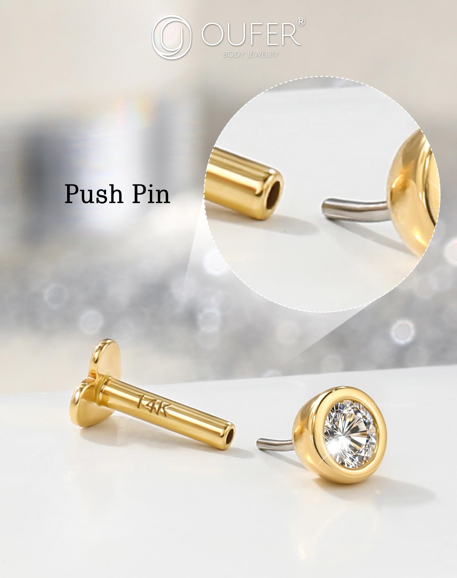 OUFER Body Piercing Threadless 14K Gold Helix Earrings 16G Labret Piercing Jewellery Heart Push in Lip Stud Bar Clear CZ Tragus Conch Piercing Cartilage Earrings