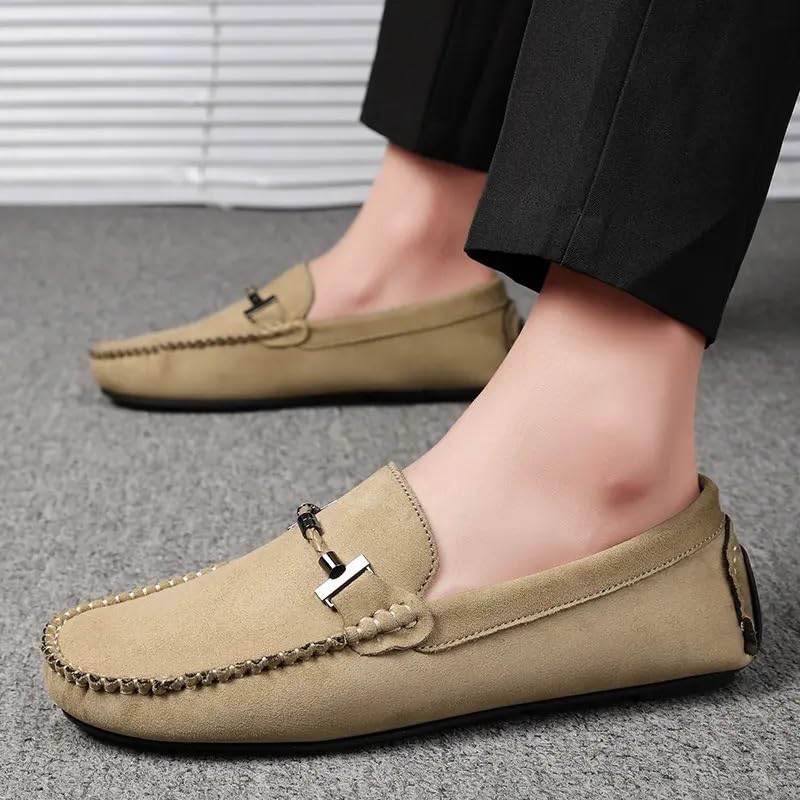 Mens Loafers Suede Vamp Round Toe Driving Shoes Resistant Flat Heel Comfortable Prom Slip On(Khaki,10)4