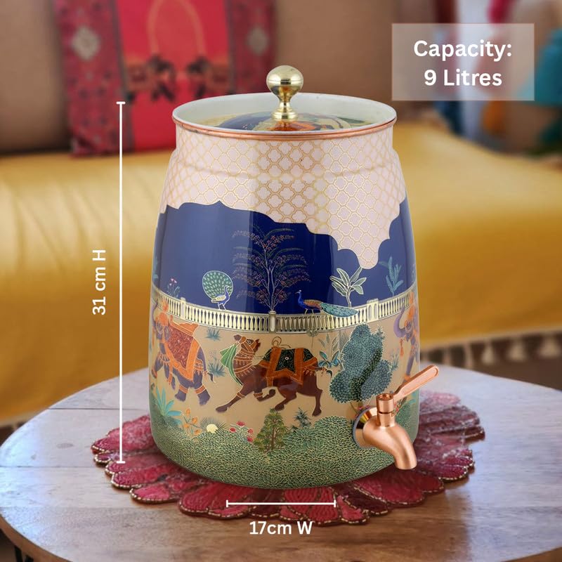 Image of VIP Copper Matka | Decorative Drinking Water Pot with Tap | Beautiful Printed Design | Healthy Storage for Home & Kitchen | Large 9 L Capacity