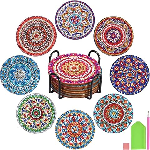 SDYGDB 8Pcs DIY Diamond Coasters Kit with Holder 4 Inch Rhinestone Painting Coasters Reusable Diamond Drawing Cup Mat Colorful Crystal Art Painting Cup Pad Crafts for Kid Adult Beginner(8pcs) Cover