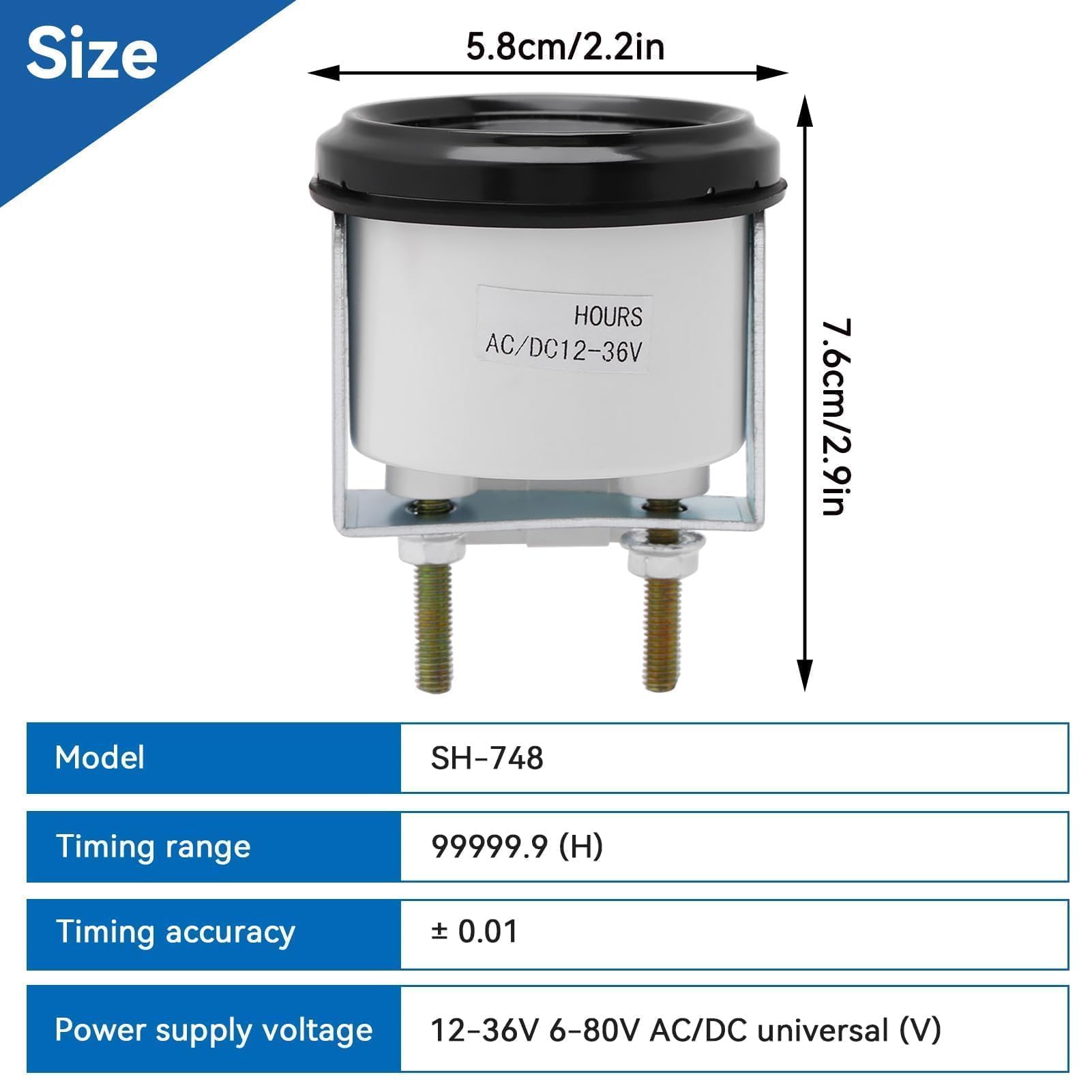 SH-748 Compteur Horaire à Quartz 12-36V DC AC, 2.2 X 2.9pouces Compteur Horaire Rond étanche 12v Set De Bornes De Connexion, Minuterie Quartz Pour Bateau Auto Motoneige Tracteurs Pelouse