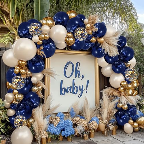 Image of Navy Blue Gold Balloon Arch Kit, Pearl White,129 pcs,Different Size