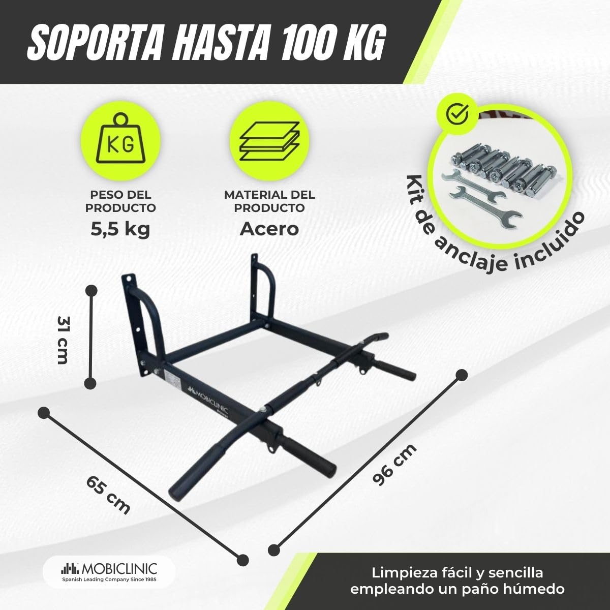 Mobiclinic®, Barra dominadas, Kit de anclaje incluido, Apto para saco boxeo, Asas antideslizantes, Pared, Hasta 250 kg, Multifuncional, Calistenia, Gimnasio en casa, K2