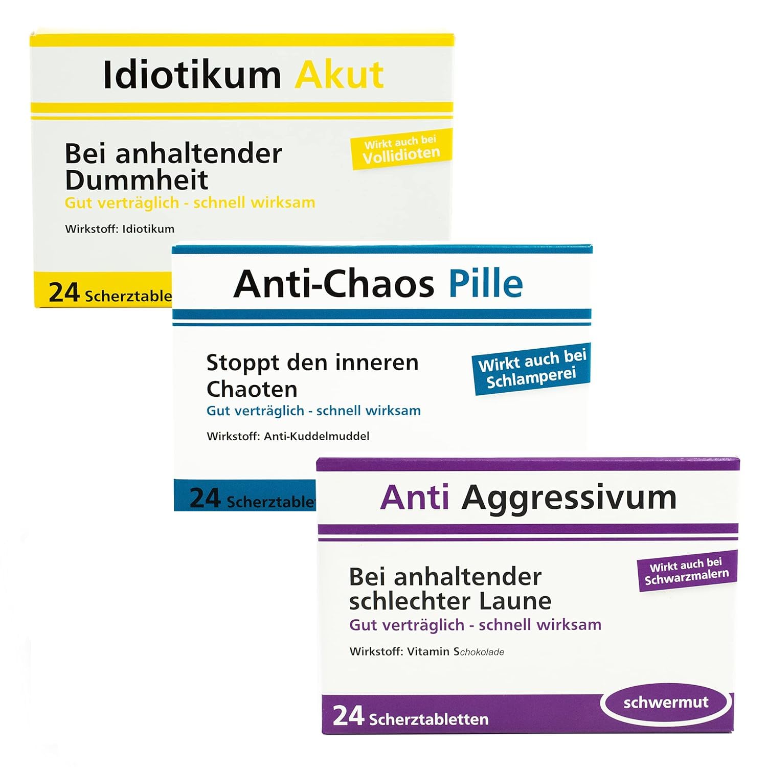 Scherztabletten im 3er Set, Tabletten als Geburtstagsgeschenk. Idiotikum Akut, Anti Chaos, Anti Aggressivum. Spaß, gute Laune, Kollegen, Mann und Frau. Schoko Drops