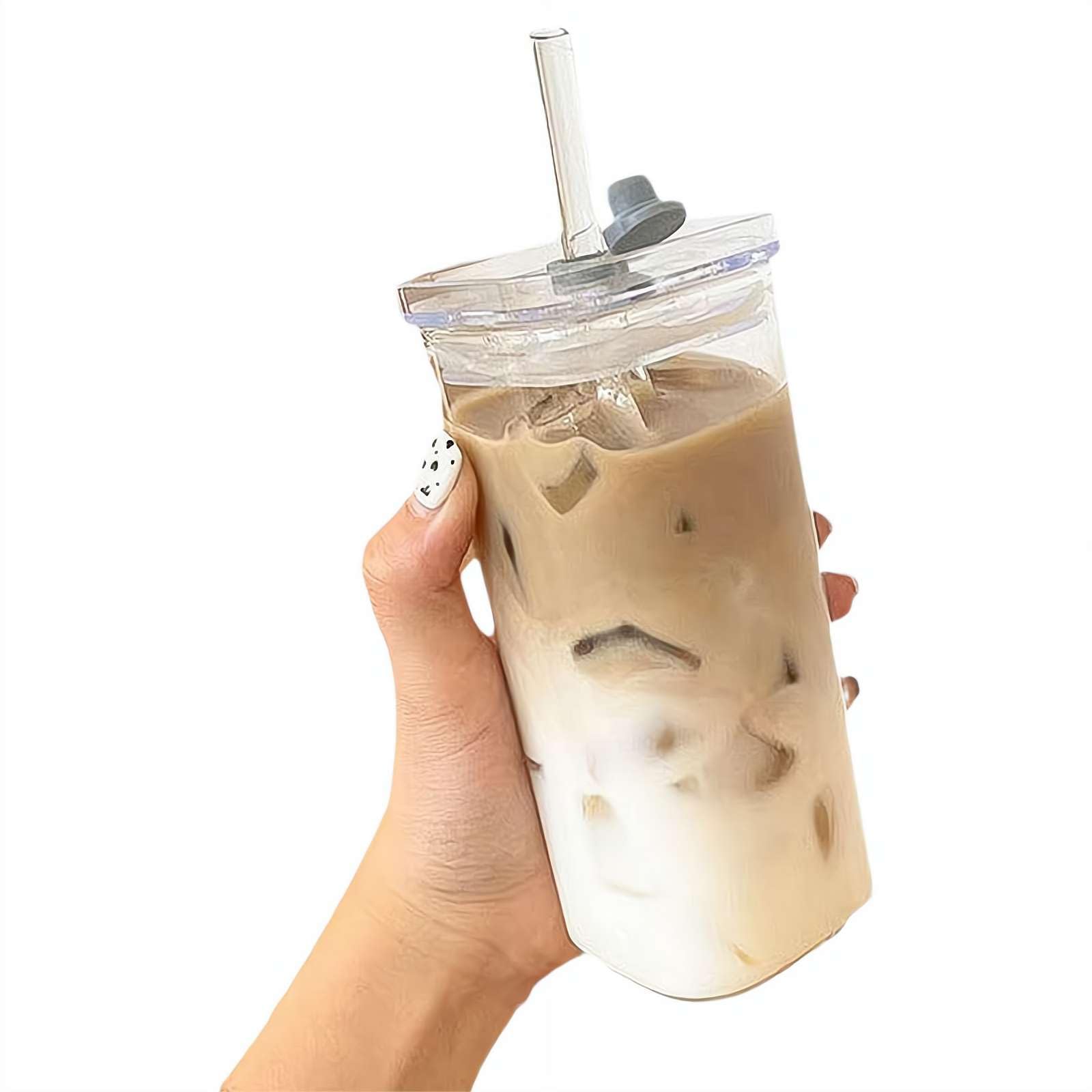 Glass Iced Coffee Cups with Lids and Glass Straws, Bubble Tea Cups Set for Cocktails, Tumbler Iced Tea Glasses Coffee Cup, Reusable Boba Cup Straw, Smoothie (A)