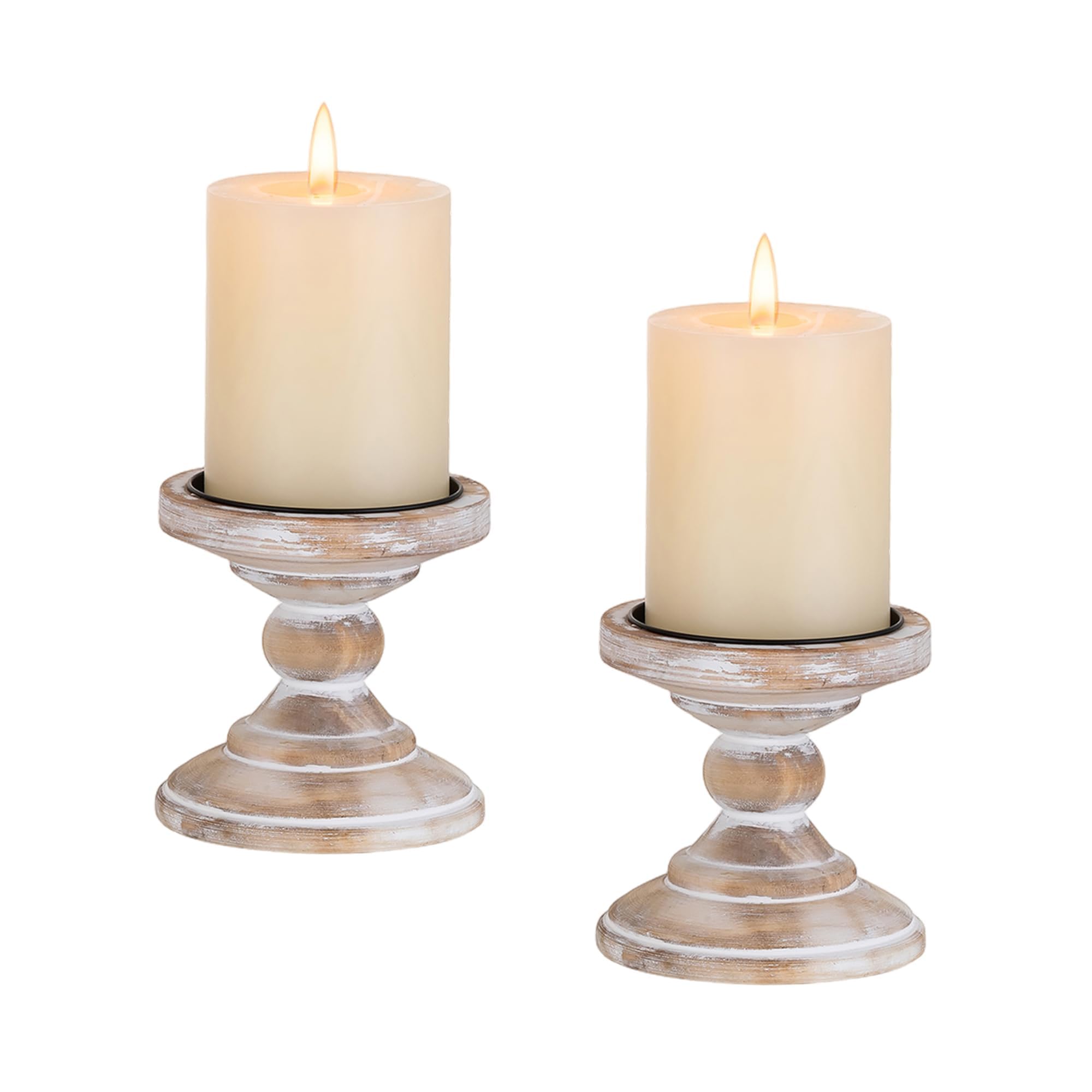 Portacandele in Legno: 2 Pezzi Porta Candele Rustici Bianchi Decorazione per La Casa Portacandele a Colonna per Centrotavola Candelabro Moderna per Camino Natale