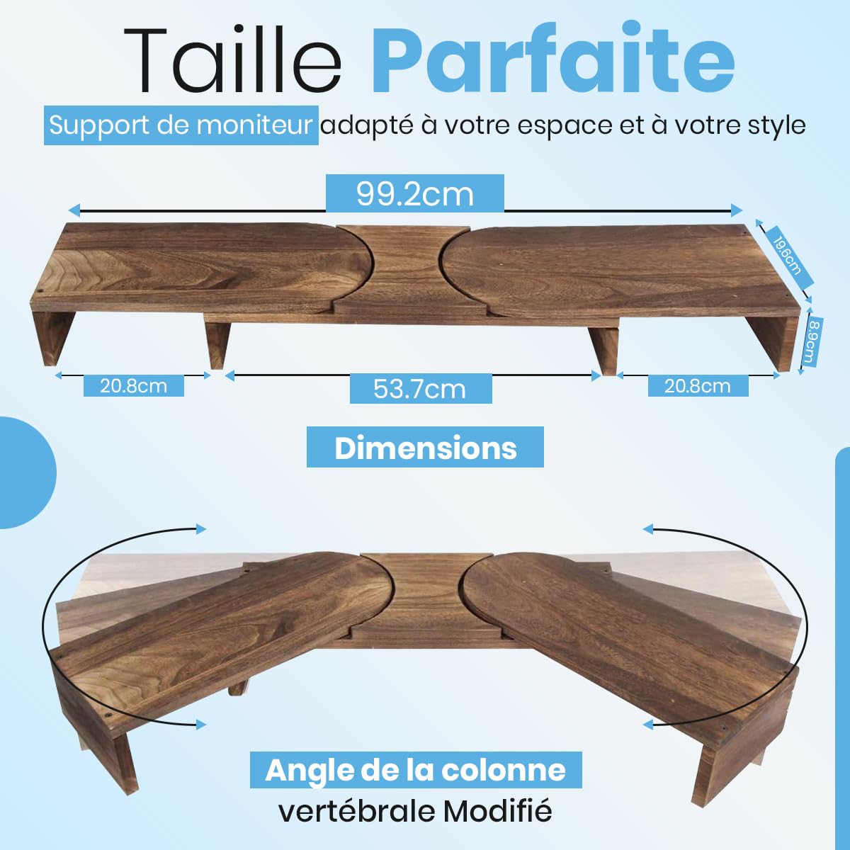 Fleau Rehausseur d'écran réglable Home - Support pour ordinateur portable - Organiseur de bureau ergonomique - Support pour deux écrans avec tiroir - Rehausseur - Bois