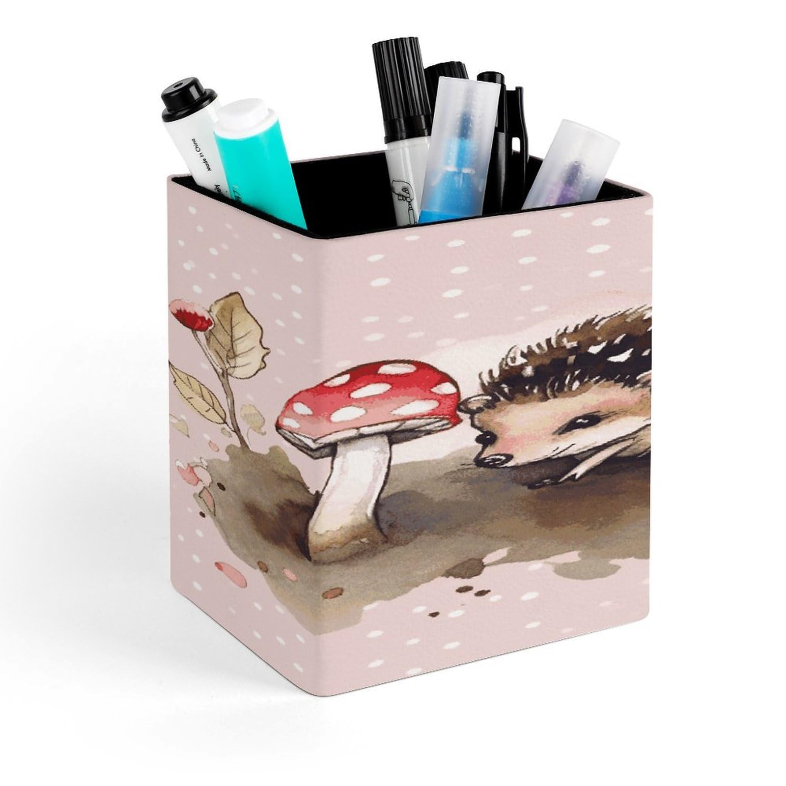 JTREHY Hedgehog Watercolor Painting Pen Holder Square Pen Pencil Holder Makeup Brush Holders Cup PU Leather Pencil Cups Desktop Caddy Stationery Organizer Case Office Accessories Container Box