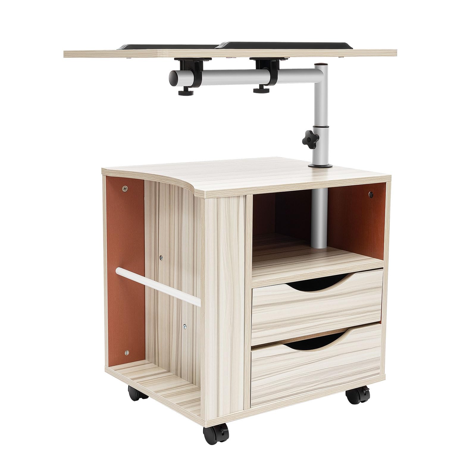 Comodino con altezza regolabile, 50 x 40 x 70-90 cm, comodino con cassetti e ripiani aperti, tavolino mobile con ruote, per camera da letto, soggiorno