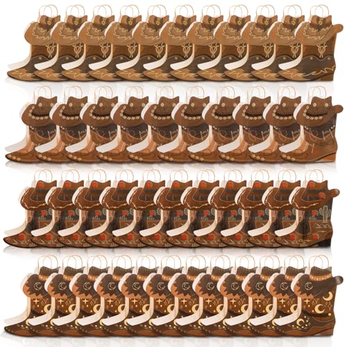 Fasmov 40 Pcs Cowboy Boots Paper Bags Western Theme Party Decorations Favors Wild West Kraft Gift Bag with Handles Cowboy Boot Hat Goodie Bag for Cowboy Birthday Baby Shower Party Supplies