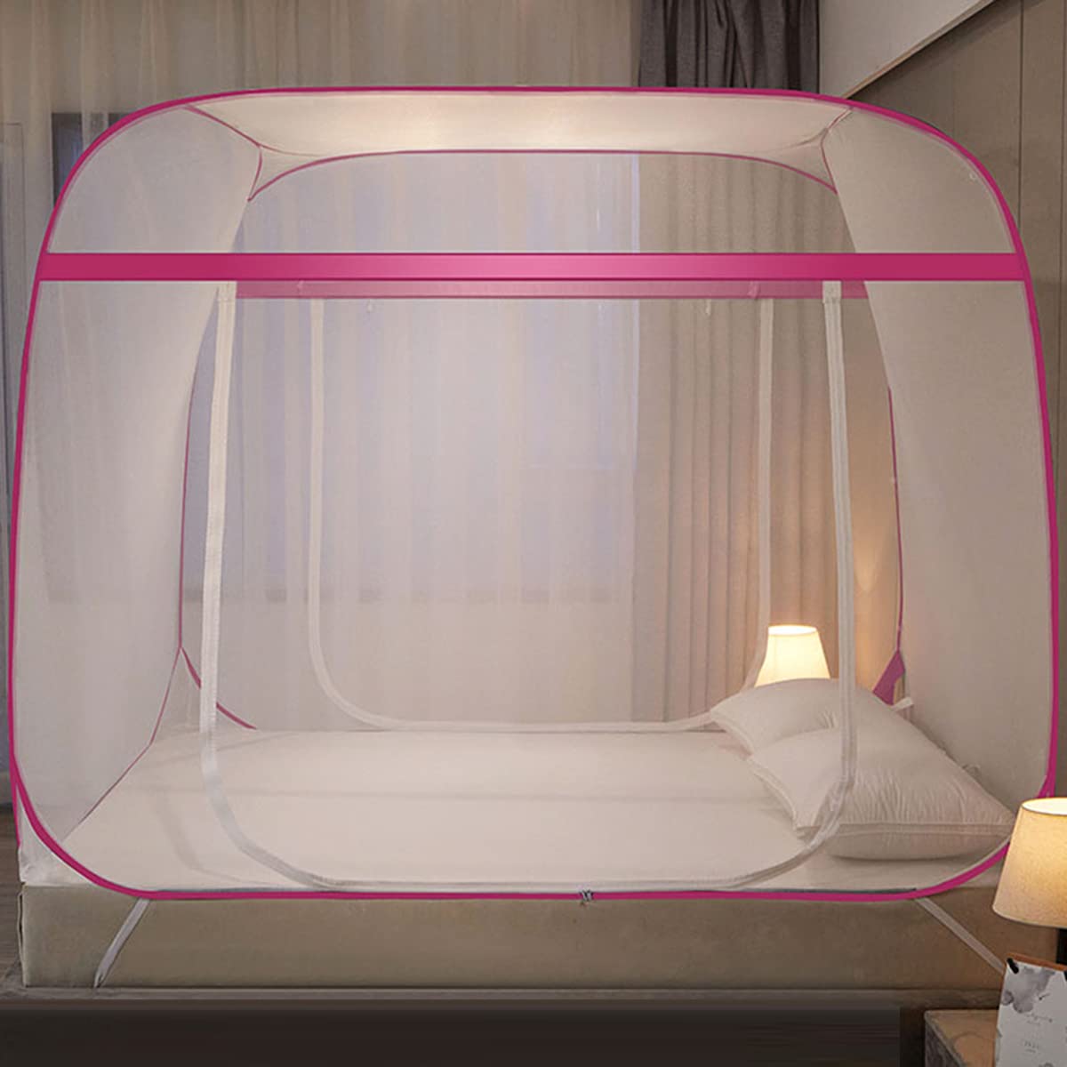 Tente moustiquaire de lit pop-up rose OKUOKA 200x200x160cm pour adulte