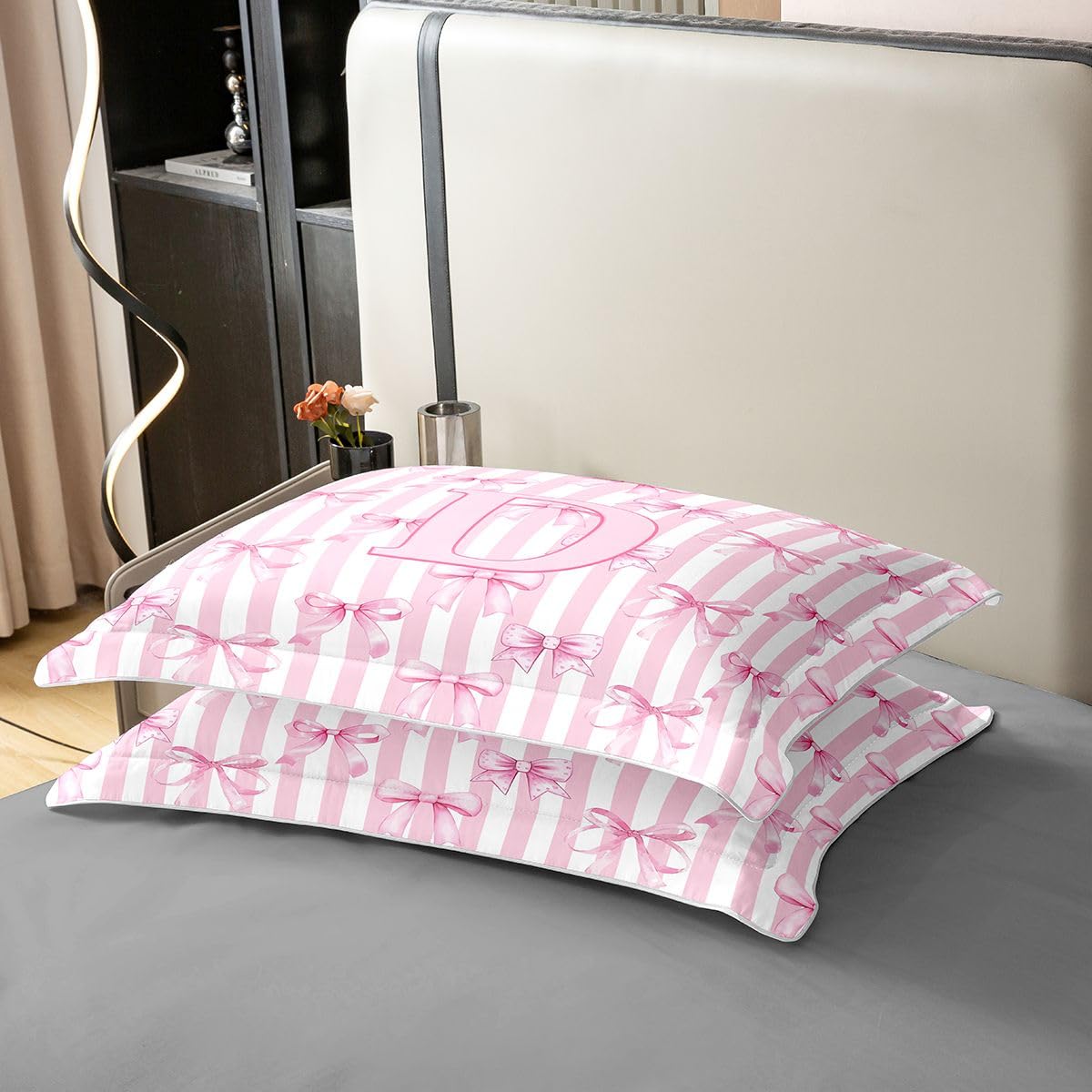 Homewish Początkowa litera D kokarda alfabet różowe paski podwójny zestaw pościeli kokarda bawełniana poszewka na kołdrę w paski kawaii poszewka na kołdrę marzycielska księżniczka ciepłe