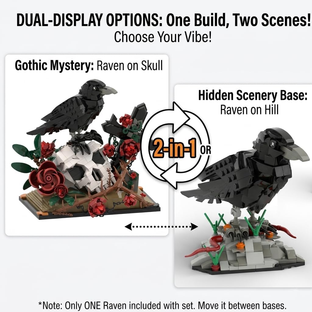 Gothic Raven Skull Rose Building Set - 852pcs Skull Decor with Flowers & Cross, Valentine‘s Day Decor for Adults, Men, Women, Home Office Table Centerpiece, Easter Basket Stuffer