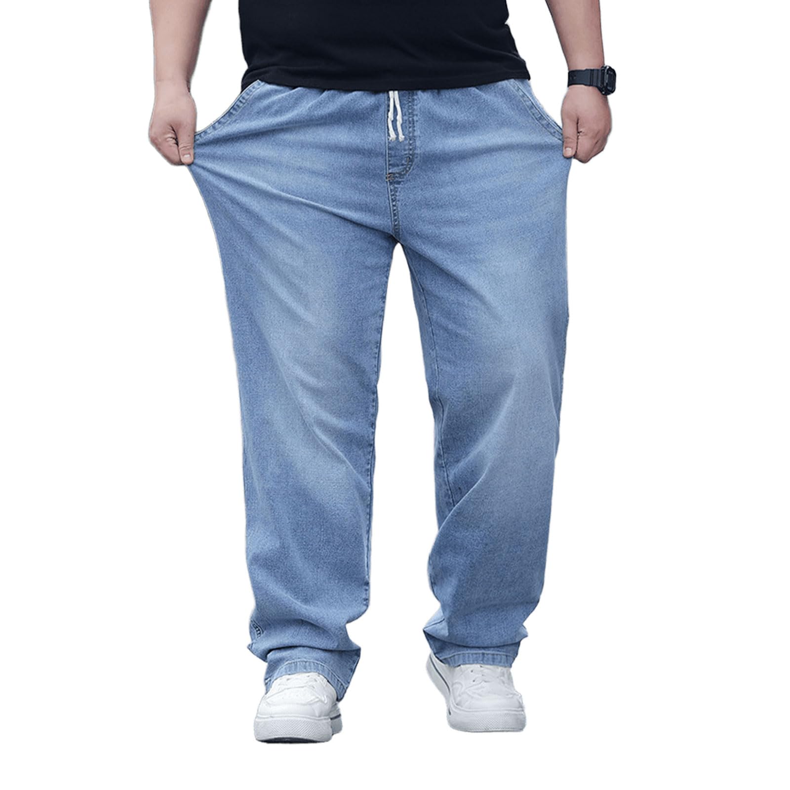 Plus Size Baggy Jeans for Men Elastic Waist Pull On Denim Pants Drawstring Straight Loose Jean Sweatpants L-5XL