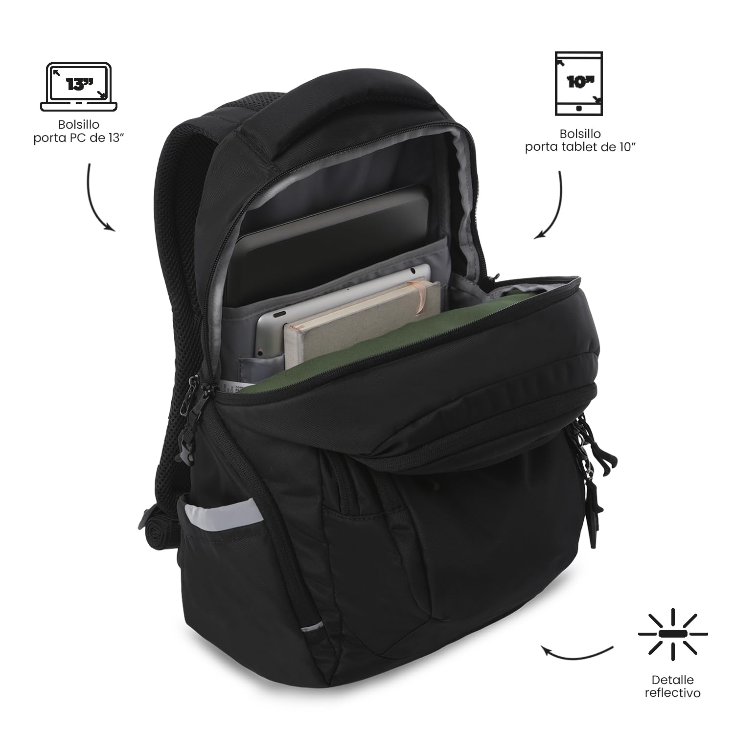 TOTTO - Mochila para Ordenador Portátil 13 Pulgadas, Modelo Eufrates 2.0, Compartimento Tablet 10", Cremallera con Argollas para Candado, Bolsillos Botella, Espaldar Ergonómico, Color Negro